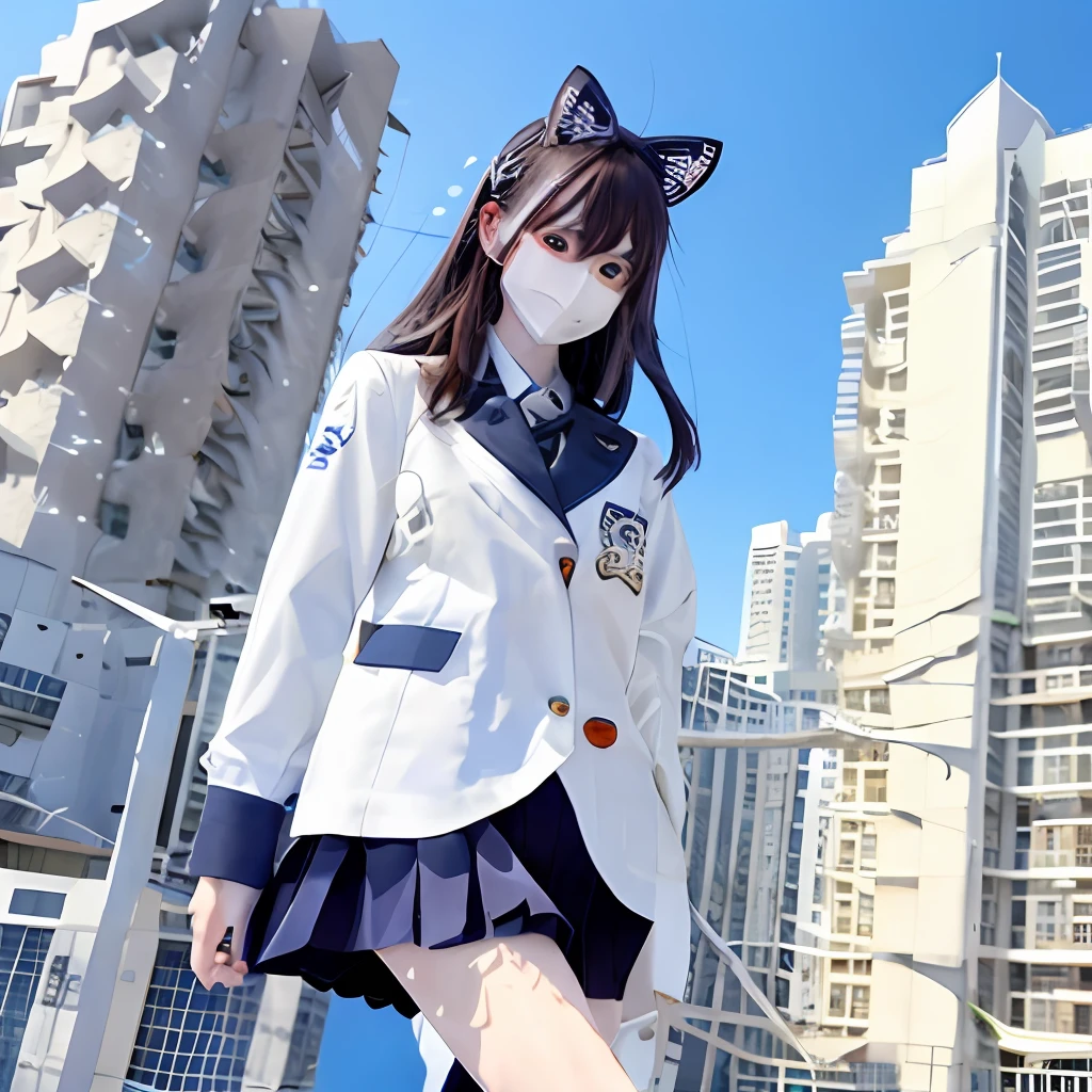 tmasterpiece，Best quality at best，1girll，Bigchest，extraterrestial，malefocus，独奏，1girll，Tokusatsu，full bodyesbian，（A giantess），railing，glowing light eyes，with light glowing，from below，White eyes，城市，buliding，damaged buildings，tiltshift，废墟