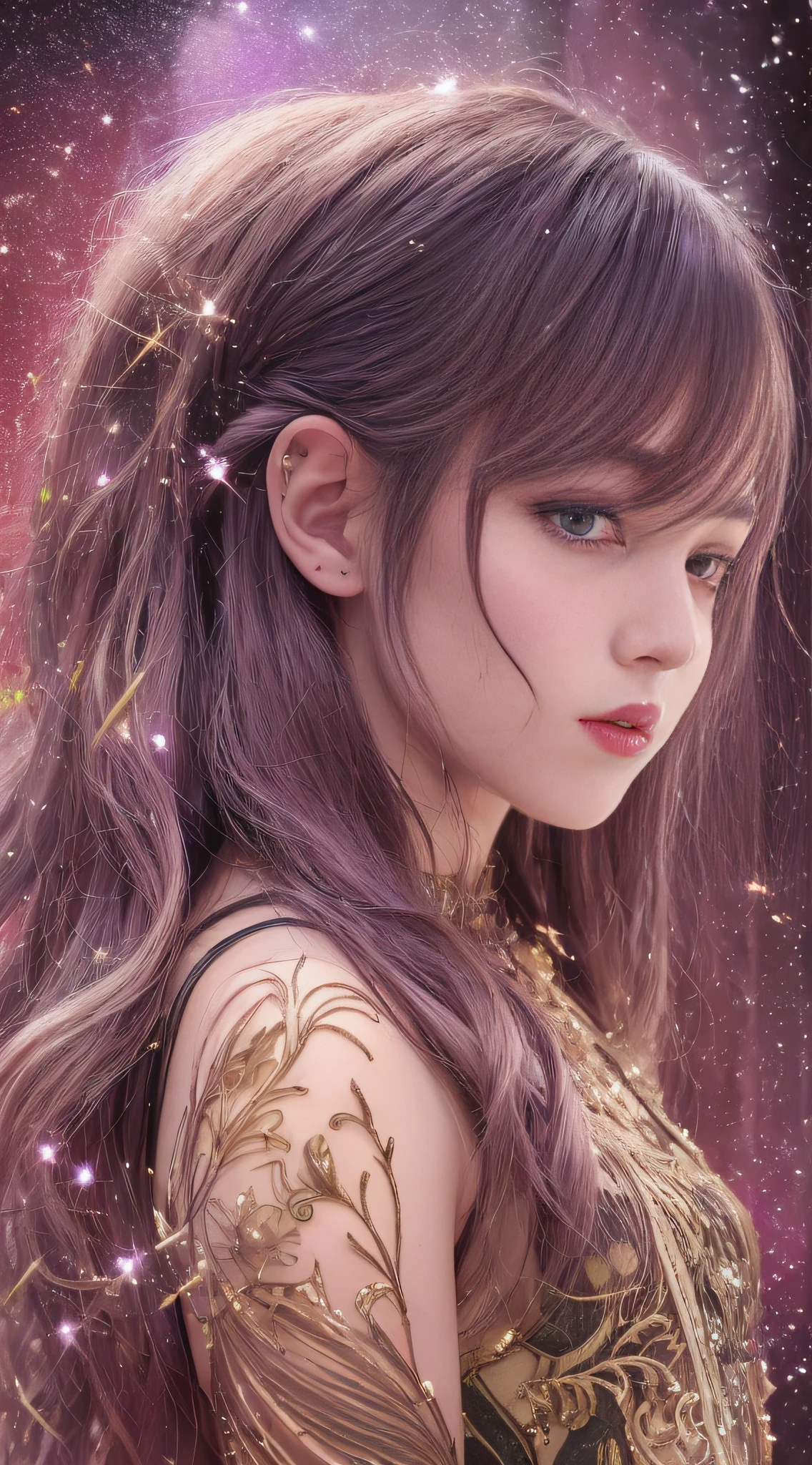 Background: Mysterious quantum environment, Cosmic elements and ethereal atmosphere,A mix of bright lights and colorful nebulae. Theme: A mysterious girl with a magical aura. She has long, Colorful wavy curls, The shiny hair stands out. His eyes are deep and expressive, Reflection Universe. She wore a flowing purple and white dress, With intricate details and mysterious textures. Color Palette: A combination of mysterious shades such as cosmic purple, Red, Soft pink and a touch of gold. Create contrasts, Increase depth, Dark color, Such as dark purple or night purple. Aesthetics: The aesthetic combines elements of Mistycore, Known for its mysterious and ethereal atmosphere, and crystal cores, With its crystal clarity and sparkling details. The girl exudes magical energy,Her presence hangs over her,mesmerising. Covered with: Keep subtle glowing effects and glitter overlays around the girl, Covered with: Add a soft glow effect around the girl and crystal, It seems to exude magic. Also, Add small details of flash,Enhance the ethereal atmosphere.