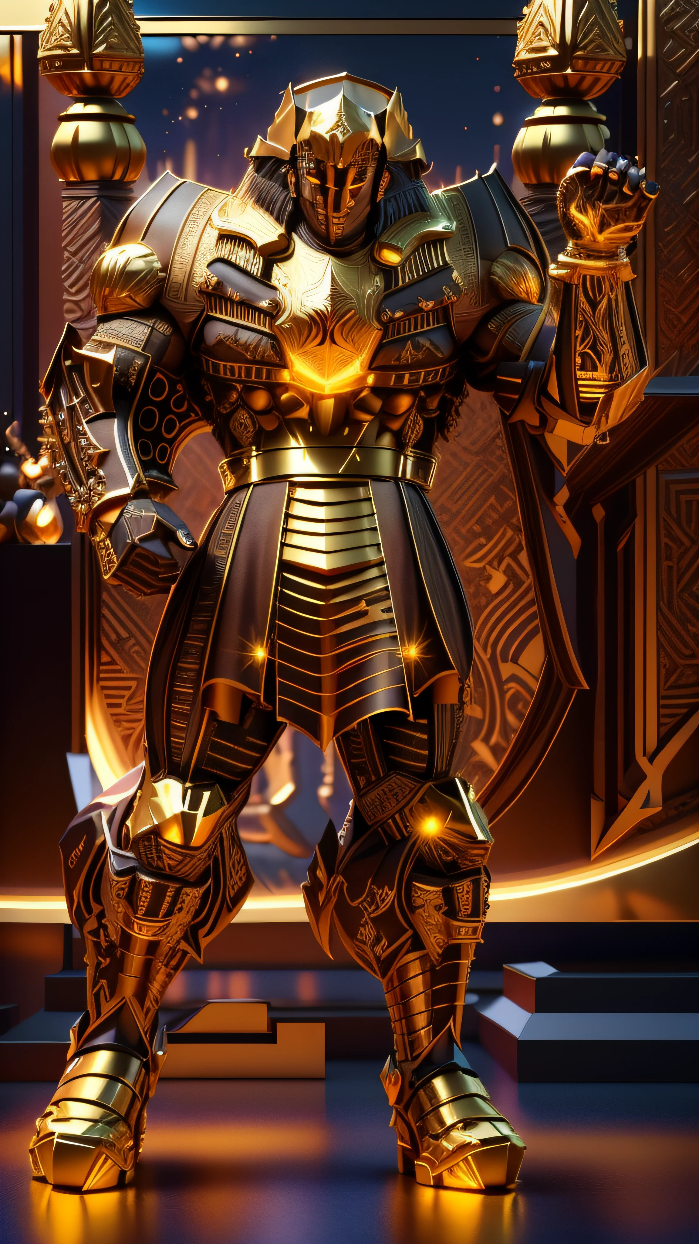 An imposing pharaoh, preto com dourado, pele feita de neon amarelo, yellow flare emanating from the arm, 3D-rendering, Hyper-realistic graphics, 3D-rendering, 8k, NVIDIA, RTX 4090 | | | |, ray tracing, Bokeh, Galaxy scenery,