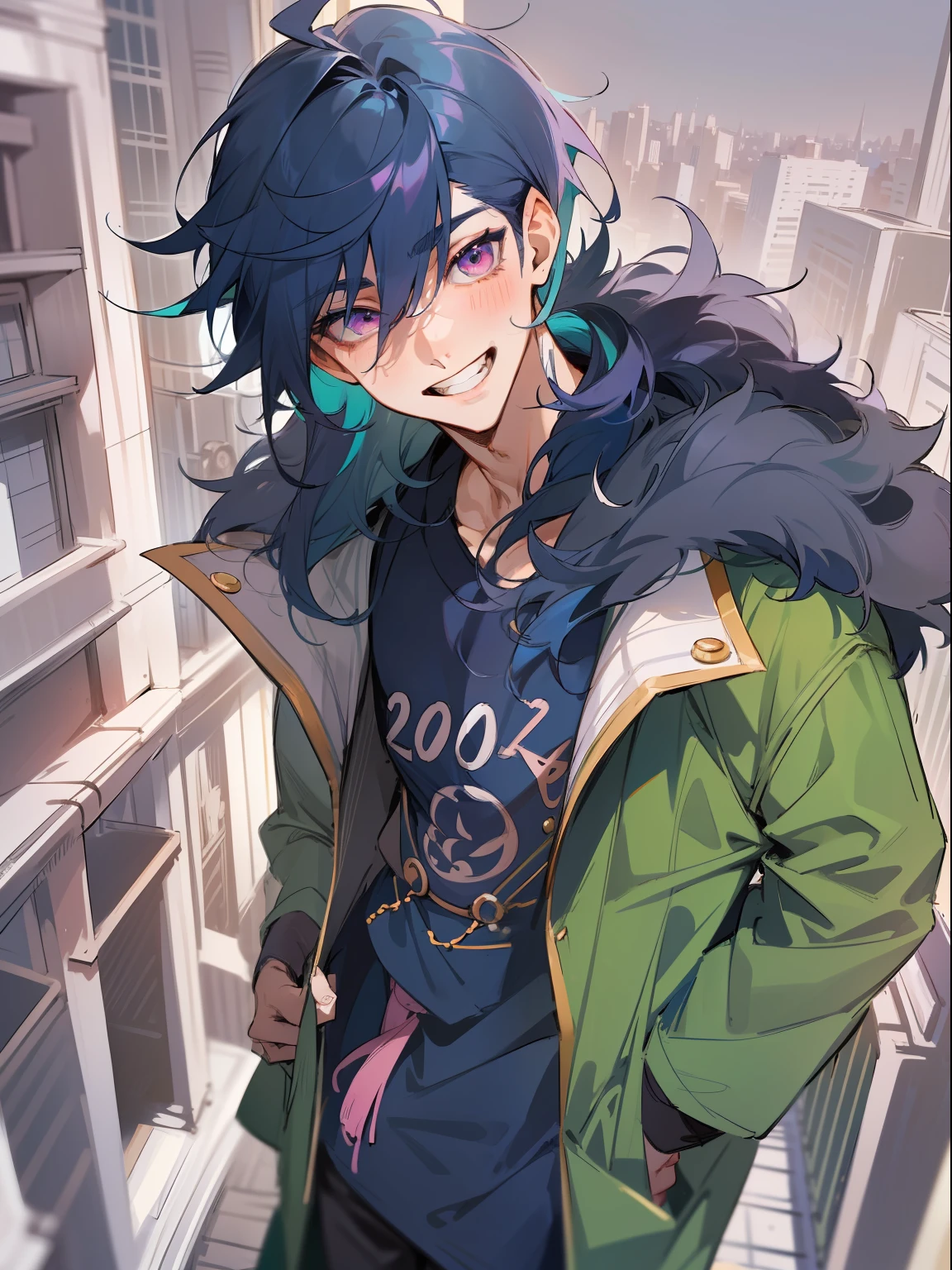 Ultra Detail,Haig Quality,sketch,1boy,matured male,Beautiful face,(Navy blue hair,Outer hair:1.3),Handsome men,Pearl skin,black tshirt,Moss Green Mod Coat,Dynamic Angle,Japan Anime,Pink eyes,Laugh,Like a cat's eye,city,male in his 20s,
