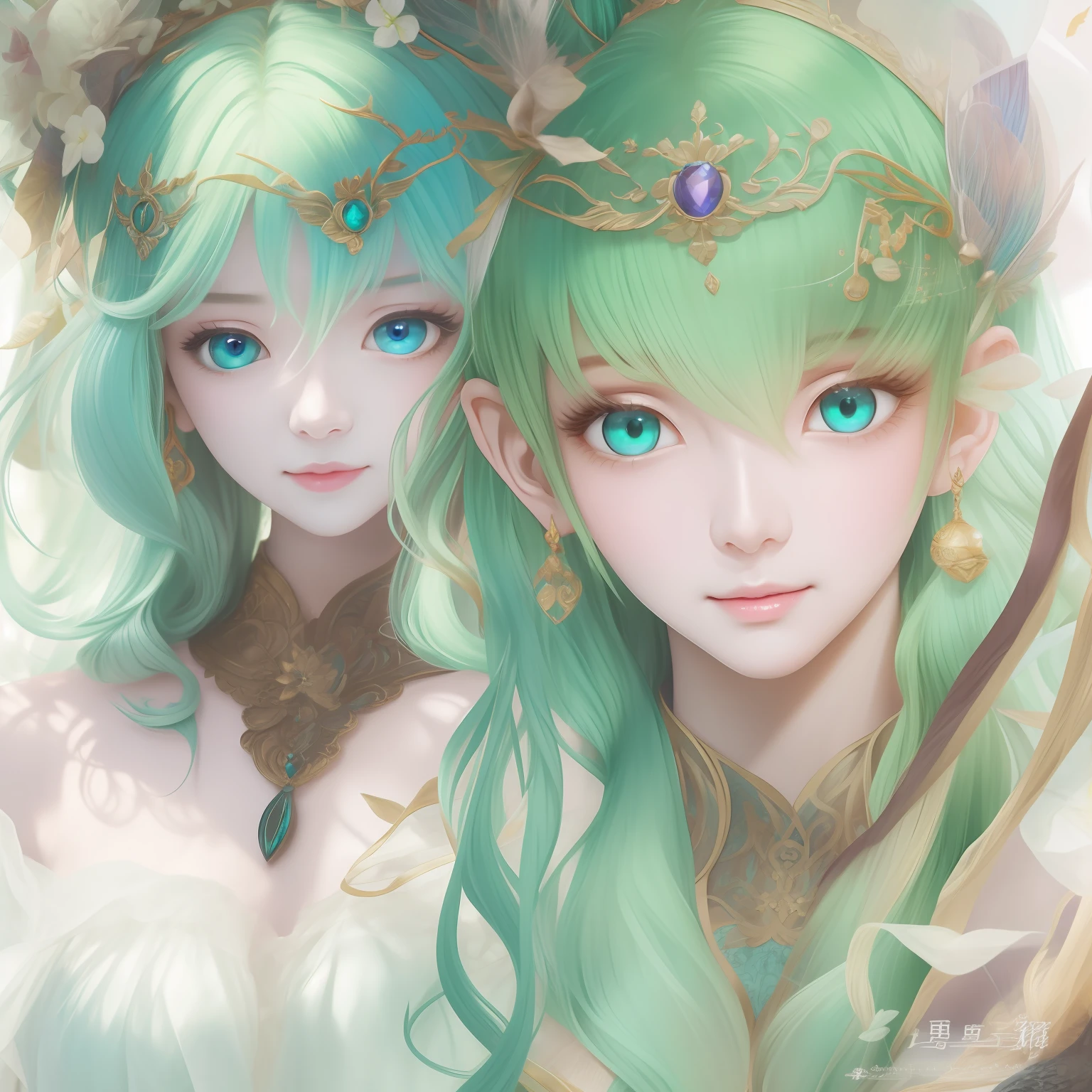 (masterpiece)8K分辨率、top-quality、Green Fairy、turquoise hair、Ash blue eyes、Hazel eyes、Delicate body、fantasy-inspired