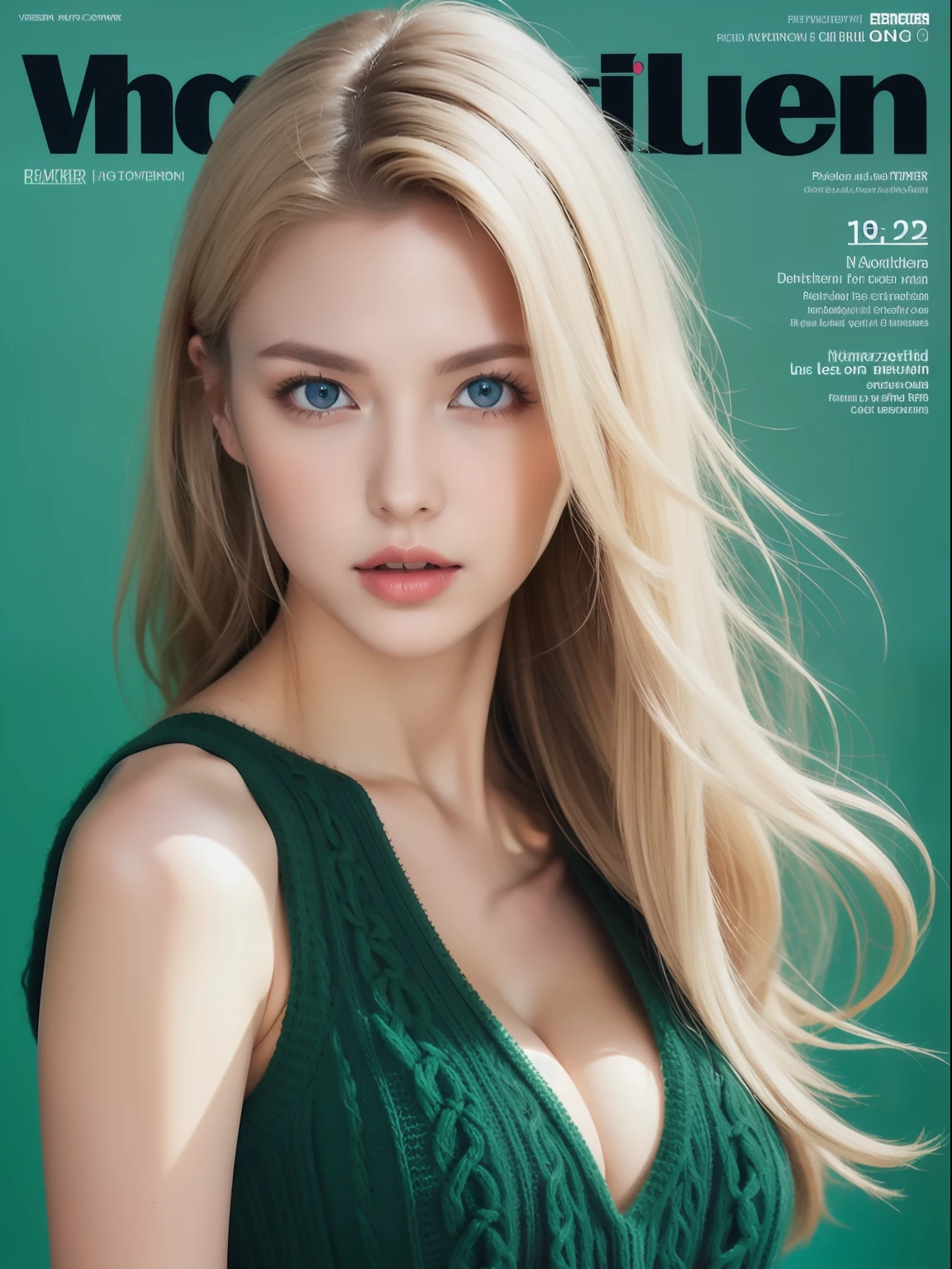 MagazineCover,virginKillerSweater, Side Chest, (Sleeveless:1.2), cleavage_Cutout,{{18to 22 years old German girl}}, look beautiful German girl and blue eyes or green eyes with platinum blonde hair color),