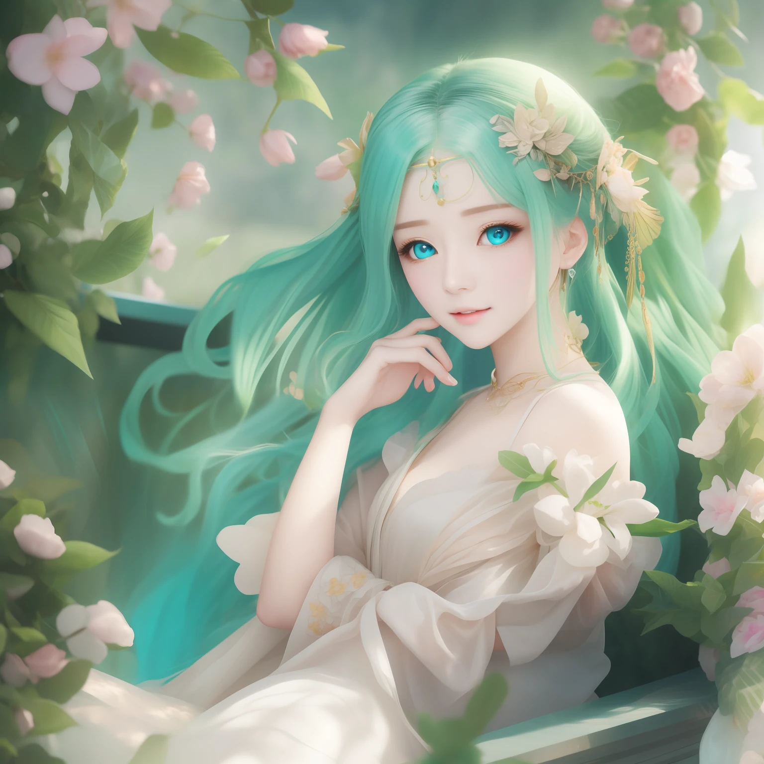 (masterpiece)8K分辨率、top-quality、Green Fairy、turquoise hair、Ash blue eyes、Hazel eyes、Delicate body、fantasy-inspired