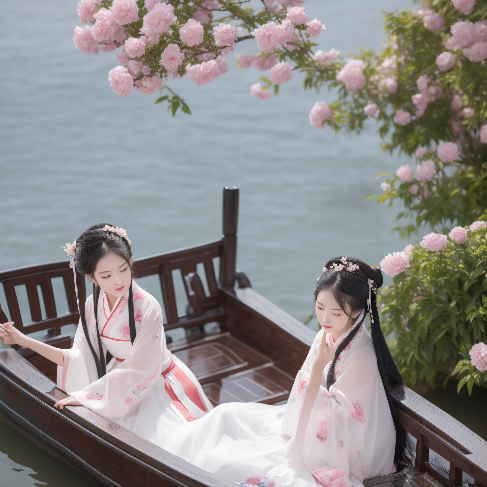 On a rainy day，The woman in Hanfu sits on the boat, Pick peony flowers with both hands