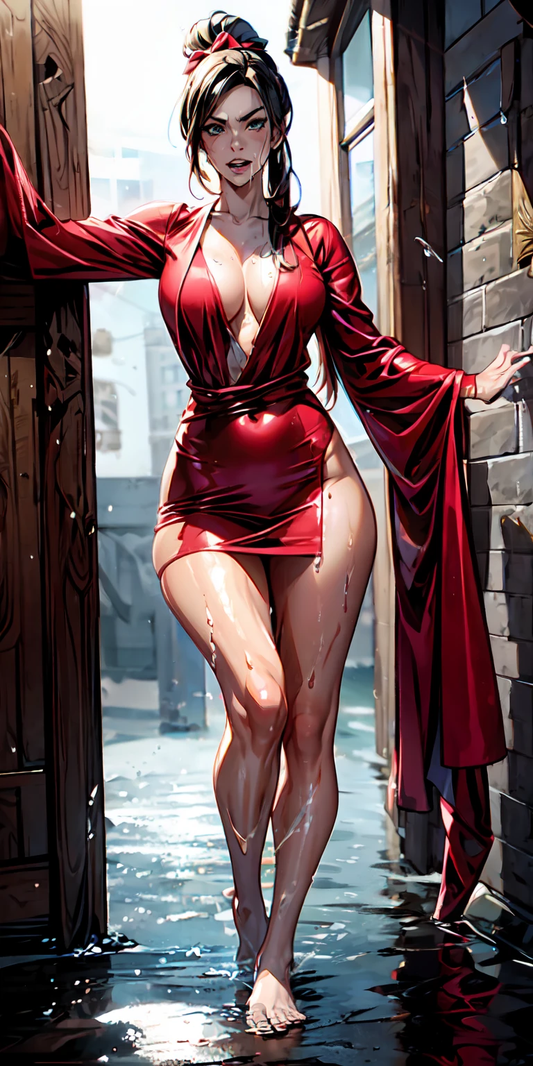 Full body art work of Megan Fox as a characters in Marvel vs Capcom style, wearing a translucent robe, soaking wet, hair in pig tails with red bows, turned on look on her face, touching her body