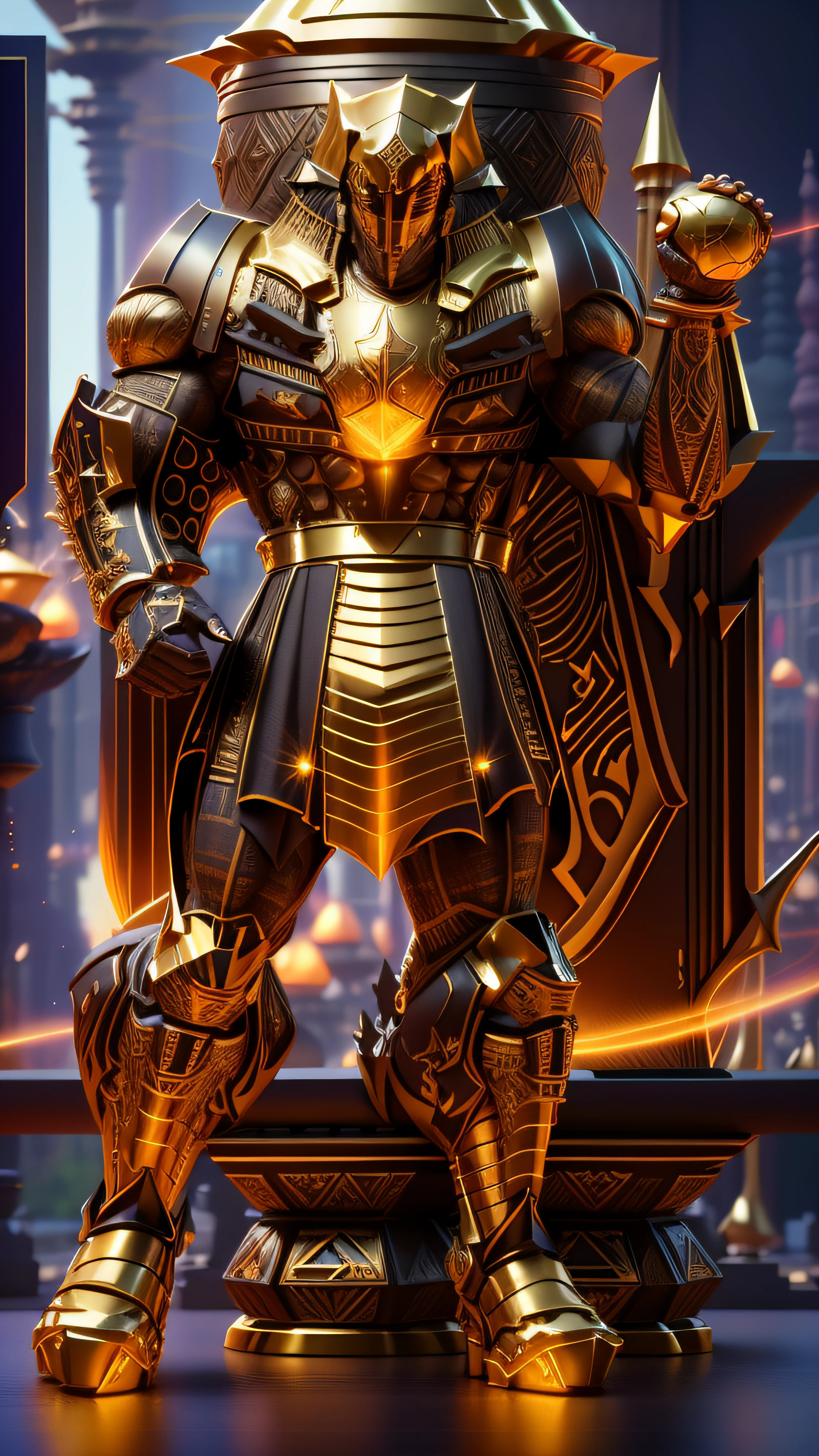 An imposing pharaoh, preto com dourado, pele feita de neon amarelo, yellow flare emanating from the arm, 3D-rendering, Hyper-realistic graphics, 3D-rendering, 8k, NVIDIA, RTX 4090 | | | |, ray tracing, Bokeh, Galaxy scenery,