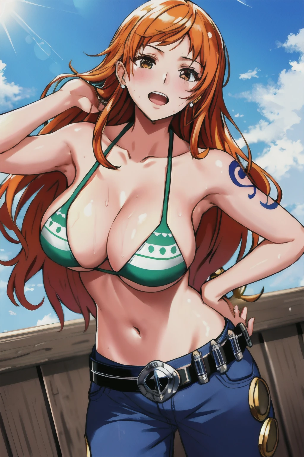 detailed background, masterpiece, 4k, best quality, late youth, adult, wrestler body, 1girl, active, energic, uppercut, (large mouth) , solo, nami \(one piece\), 1girl, bangle, (very wet, drenched in sweat, sweat all over body, very wet hair, tired, taking breath, open mouth, exhausted, sweaty face, sweaty body, panting, sweating too much, shiny sweat, sweaty armpit, leaning, hands on hips), perfect detailed face, bold drawing lines, muscular arms, detailed bold arm lines, flat jaw, adult woman, wavy wide streaked bangs, floating bang, (big cheeks), bare shoulders, off-shoulders, belt, bikini, bikini top only, blue sky, bracelet, springy breasts, breast lines, big round eyes, very big brown shiny eyes, bubbles, high eye position, cleavage, cloud, day, denim, earrings, floating hair, shiny hair, green belt, green bikini, bold groin lines, jeans, jewelry, medium breasts, log pose, long hair, looking at viewer, navel, wet hair, orange hair, pants, shoulder tattoo, sidelocks, sky, solo, standing, stomach, swimsuit, tattoo , looking at viewer, open mouth, detailed left arm, big forehead, hourglass figure, small head, toned body, wide hair, wind effect, sun effect, under the sun, narrow small ears angle, older, random poses,