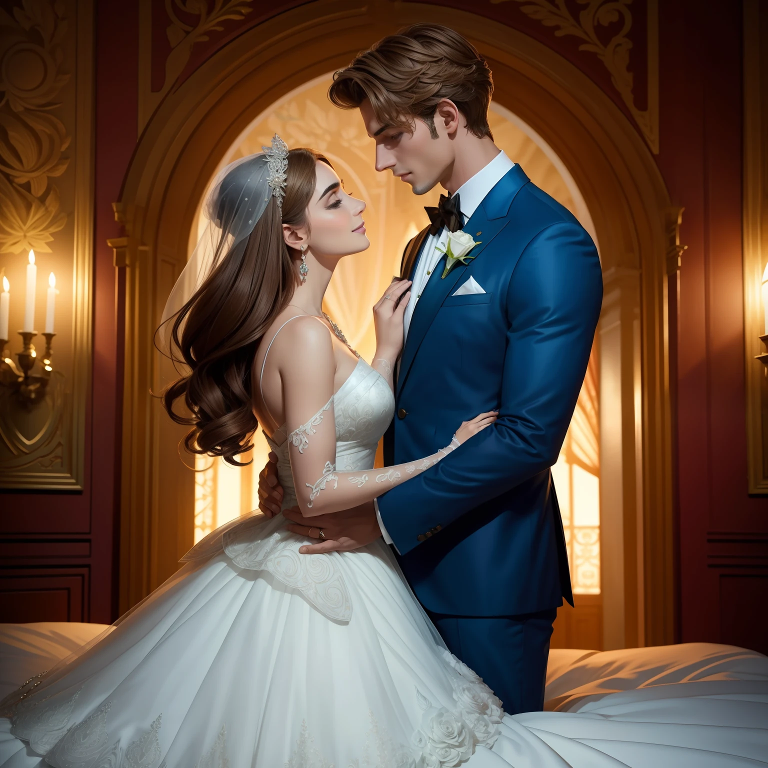 Casal se beija um home e uma mulher com muito carinho, the man Neels Visser is a prince who has light brown hair, wears a royal blue bridal suit and is in love with the commoner, a mulher Lily Collins;, que tem cabelo castanho claro quase ruivo claro encaracolado e usa um vestido de noiva branco e lindo, are in love and happy, they're smiling, Illustration of a novel book cover with a detailed background, liso, brilhante cheio de flores margaridas brancas cobertas de hera e rosas vermelhas, castelo, Ornate dress standing on a bed of roses, Anel luminoso, dynamic  lighting, etherial lighting, Ultra Detalhe, arte conceitual, elegante, surreal, arte por Lisa Aisato, Greg Hildebrandt, Citemer Liu, Stjepan Sejic, Samyang, Aykut Aydogdu, Justino Geraldo, Alphonse Mucha, Artgerm, WLOP e Greg Rutkowski