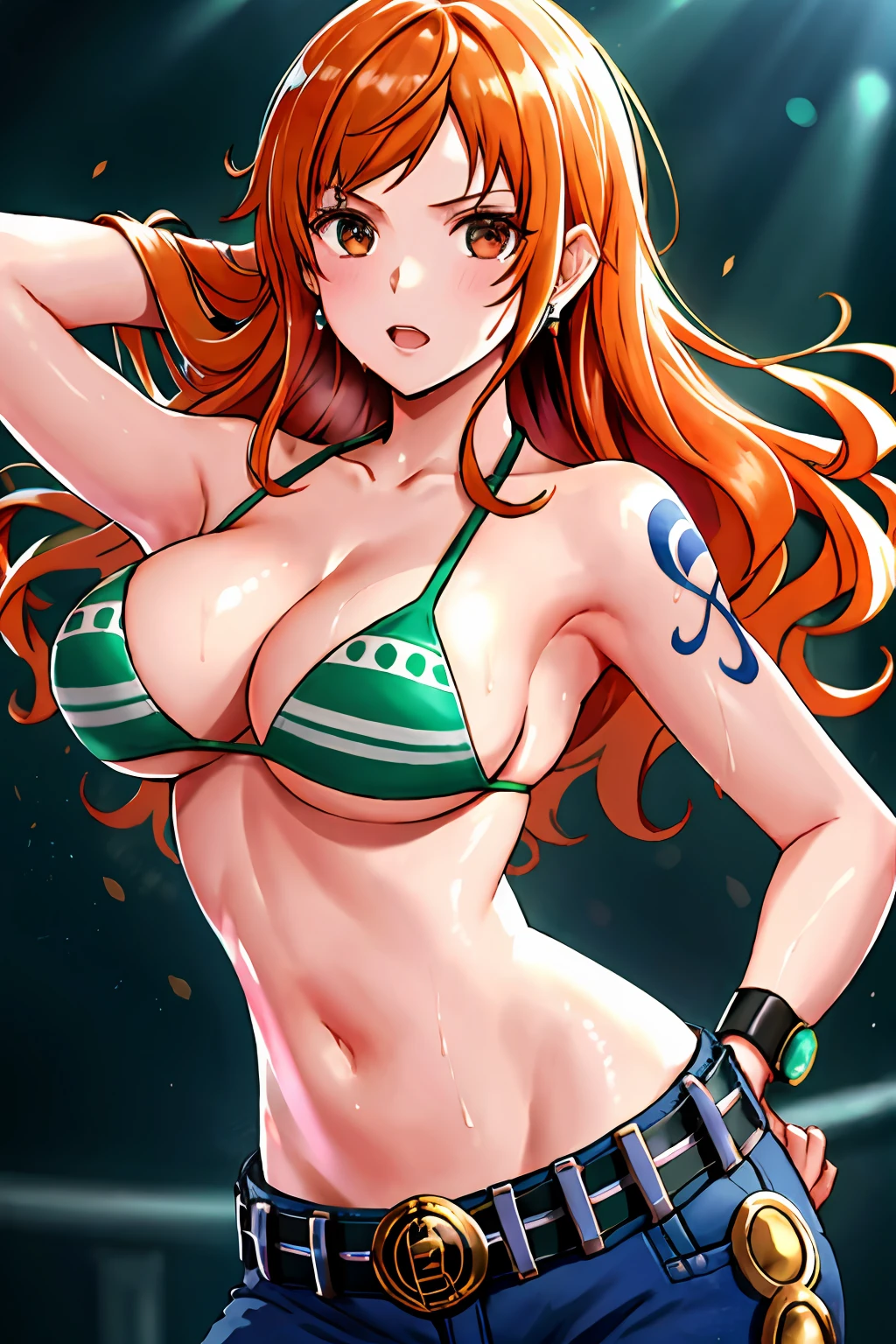 detailed background, masterpiece, 4k, best quality, late youth, adult, wrestler body, 1girl, active, energic, uppercut, (large mouth) , solo, nami \(one piece\), 1girl, bangle, (very wet, drenched in sweat, sweat all over body, very wet hair, tired, taking breath, open mouth, exhausted, sweaty face, sweaty body, panting, sweating too much, shiny sweat, sweaty armpit, leaning, hands on hips), perfect detailed face, bold drawing lines, muscular arms, detailed bold arm lines, flat jaw, adult woman, wavy wide streaked bangs, floating bang, (big cheeks), bare shoulders, off-shoulders, belt, bikini, bikini top only, blue sky, bracelet, springy breasts, breast lines, big round eyes, very big brown shiny eyes, bubbles, high eye position, cleavage, cloud, day, denim, earrings, floating hair, shiny hair, green belt, green bikini, bold groin lines, jeans, jewelry, medium breasts, log pose, long hair, looking at viewer, navel, wet hair, orange hair, pants, shoulder tattoo, sidelocks, sky, solo, standing, stomach, swimsuit, tattoo , looking at viewer, open mouth, detailed left arm, big forehead, hourglass figure, small head, toned body, wide hair, wind effect, sun effect, under the sun, narrow small ears angle, older, random poses,