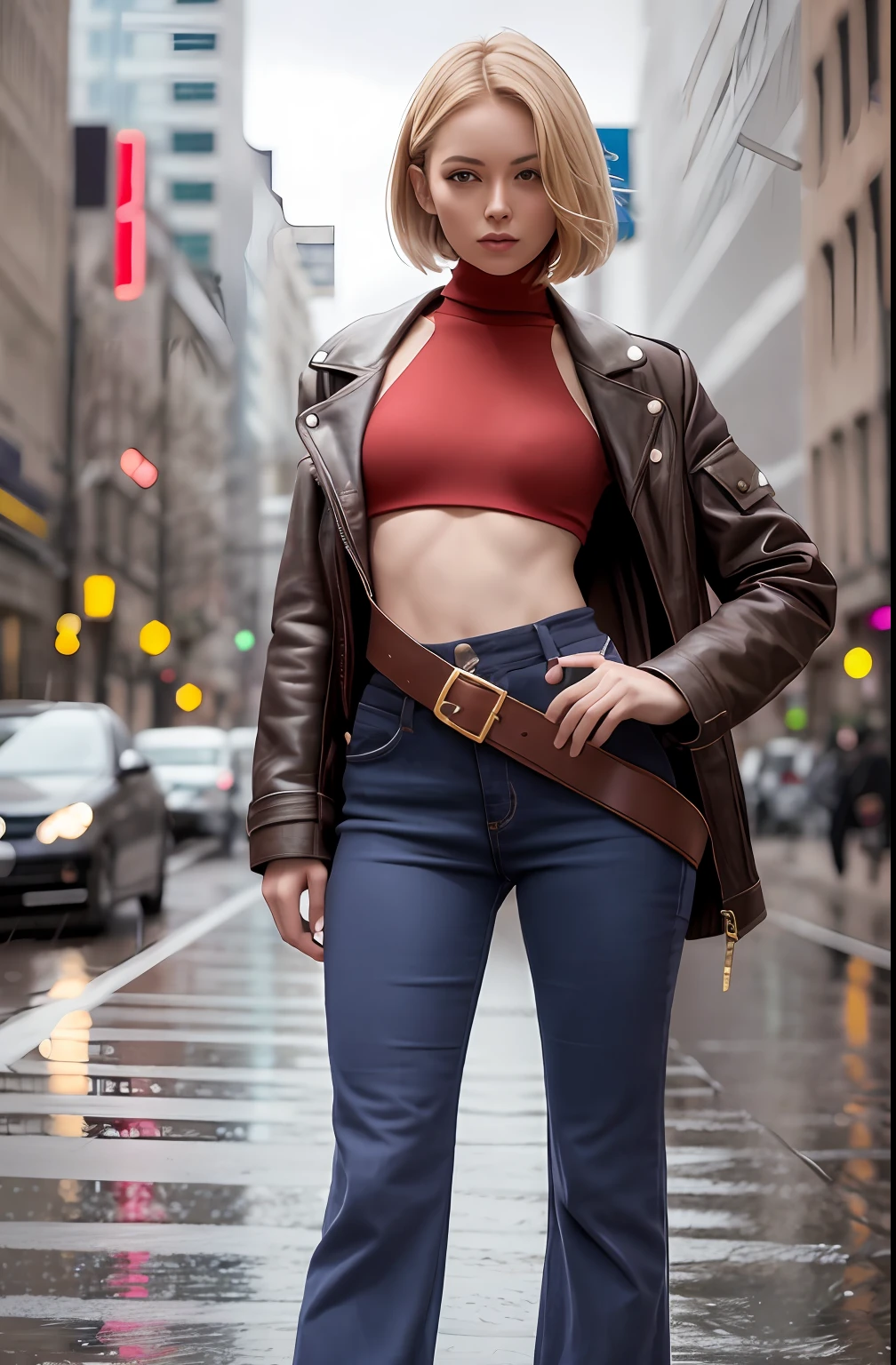 maryms, Best Quality, (beauty), 1girl, phisically-based render ,ultra highres, narrow waist, skinny, red turtleneck, baggy pants, taut clothes, jacket, muscular, big blueeyes, long legs, jeans, leather belt, small breasts, puffy eyes, leather belt, (rainy city), shiny skin, facing viewer, Victory posture,