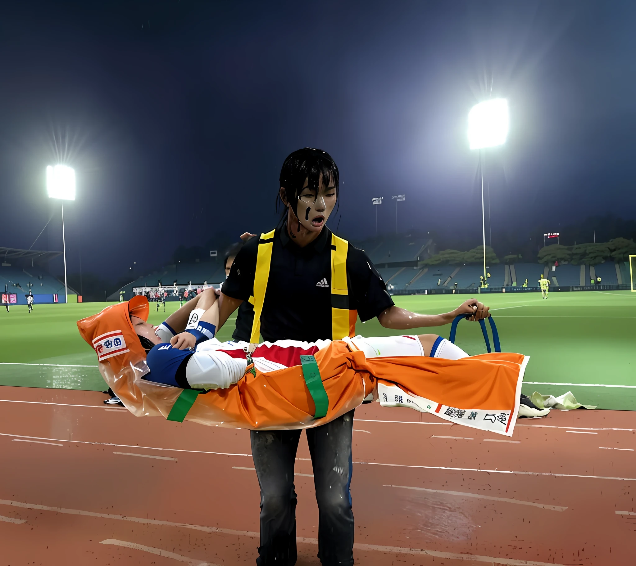 a soccer scene in a japanese sports stadium, rainy weather, wet ground, rainfall, injury scene in a sports stadium, stretcher carry, there is an attractive looking female medic carrying a stretcher, there is a japanese female medic in a wet and shiny white plastic-raincoat, a female medic is carrying a stretcher in a rainy sports stadium, there is a wounded male soccer player in a very matte short cotton sports outfit lying on the stretcher, an injured male soccer player is lying on his back on a stretcher and is covering his agonised looking face with his hands, a soccer player is rearing up in pain while lying on his back on a stretcher and grabbing his head with his hands, dramatic scene, thatralic posing scene, dramatic pity scene, injury soccer, first aid, help, pity, there is a female medis in a very shiny white pvc-raincoat who is looking very sad and very terrified and very shocked, the injured soccer player is screaming out in pain while he is carried from the pitch on a stetcher through the rain, japanese woman looks very scared and terrified, a consciousless man with closed eyes is suffering very much and has a very painful face, photo, photo shoot, photographed , accident, help, aid, first aid, pity