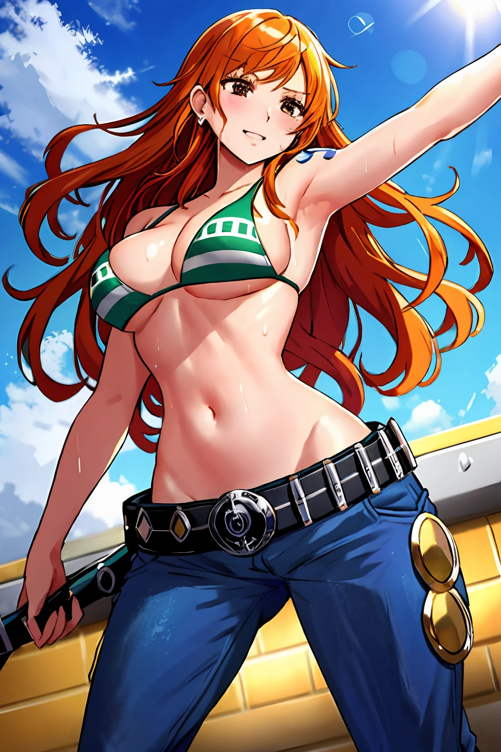 detailed background, masterpiece, 4k, best quality, late youth, adult, wrestler body, 1girl, active, energic, uppercut, (large mouth) , solo, nami \(one piece\), 1girl, bangle, (very wet, drenched in sweat, sweat all over body, very wet hair, tired, taking breath, open mouth, exhausted, sweaty face, sweaty body, panting, sweating too much, shiny sweat, sweaty armpit, leaning, hands on hips), perfect detailed face, bold drawing lines, muscular arms, detailed bold arm lines, flat jaw, adult woman, wavy wide streaked bangs, floating bang, (big cheeks), bare shoulders, off-shoulders, belt, bikini, bikini top only, blue sky, bracelet, springy breasts, breast lines, big round eyes, very big brown shiny eyes, bubbles, high eye position, cleavage, cloud, day, denim, earrings, floating hair, shiny hair, green belt, green bikini, bold groin lines, jeans, jewelry, medium breasts, log pose, long hair, looking at viewer, navel, wet hair, orange hair, pants, shoulder tattoo, sidelocks, sky, solo, standing, stomach, swimsuit, tattoo , looking at viewer, open mouth, detailed left arm, big forehead, hourglass figure, small head, toned body, wide hair, wind effect, sun effect, under the sun, narrow small ears angle, older, random poses,