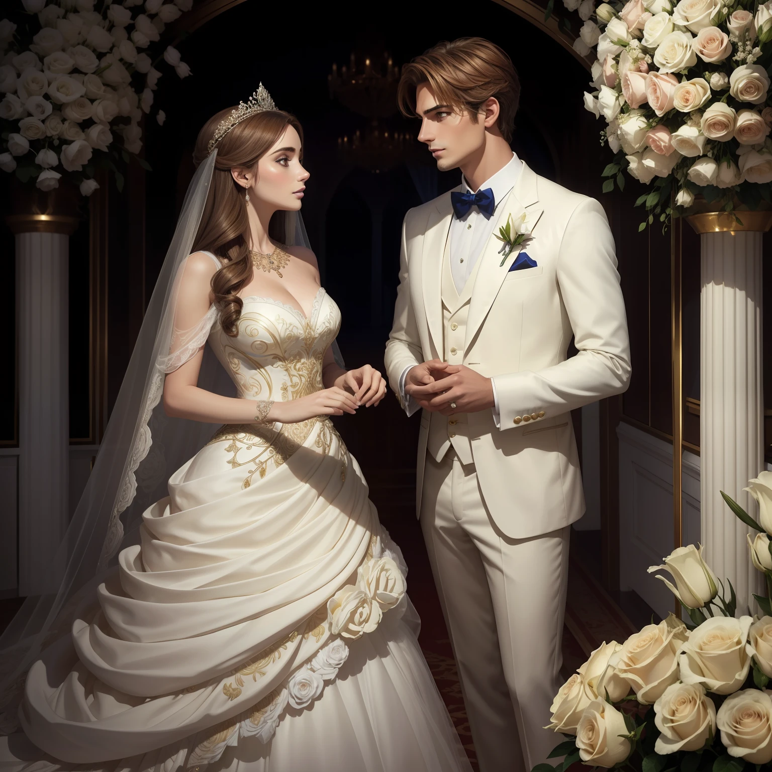 Casal se beija um home e uma mulher com muito carinho, the man Neels Visser is a prince who has light brown hair, wears a royal blue bridal suit and is in love with the commoner, a mulher Lily Collins;, que tem cabelo castanho claro quase ruivo claro encaracolado e usa um vestido de noiva branco e lindo, are in love and happy, they're smiling, Illustration of a novel book cover with a detailed background, liso, brilhante cheio de flores margaridas brancas cobertas de hera e rosas vermelhas, castelo, Ornate dress standing on a bed of roses, Anel luminoso, dynamic lighting, etherial lighting, Ultra Detalhe, arte conceitual, elegante, surreal, arte por Lisa Aisato, Greg Hildebrandt, Citemer Liu, Stjepan Sejic, Samyang, Aykut Aydogdu, Justino Geraldo, Alphonse Mucha, Artgerm, WLOP e Greg Rutkowski
