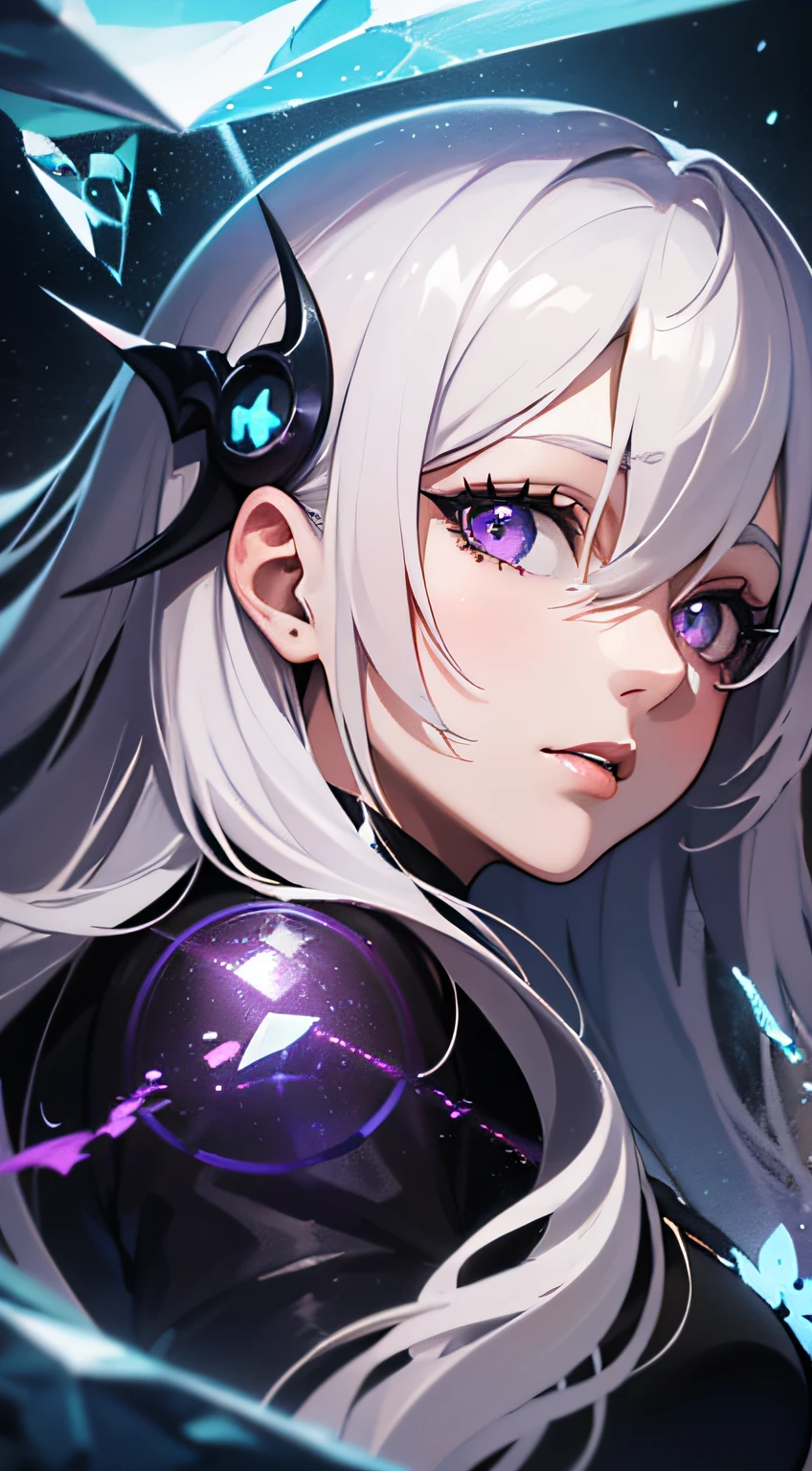 (masterpiece, best quality, ultra-detailed, best shadow), (detailed background,dark fantasy), (beautiful detailed face), high contrast, (best illumination, an extremely delicate and beautiful), ((cinematic light)), colorful, hyper detail, dramatic light, intricate details, (1girl, solo,white hair, sharp face,purple eyes, hair between eyes,dynamic angle), blood splatter, swirling black light around the character, depth of field,black light particles,(broken glass),magic circle,