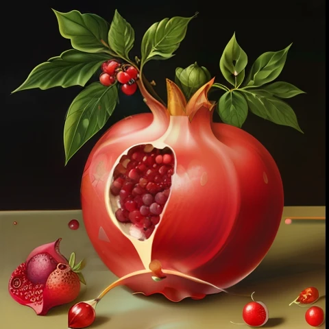 Pomegranate drawing with leaves and berries on the table, pomegranates, Grenades, pomegranates, by Maria Sibylla Merian, Abraham Van Calaet, Jens Jewell, Hendrik Goltzius, Inspired by Bartholomeus van der Herst, inspired by Christoffer Wilhelm Eckersberg, Balthasar van der Asto