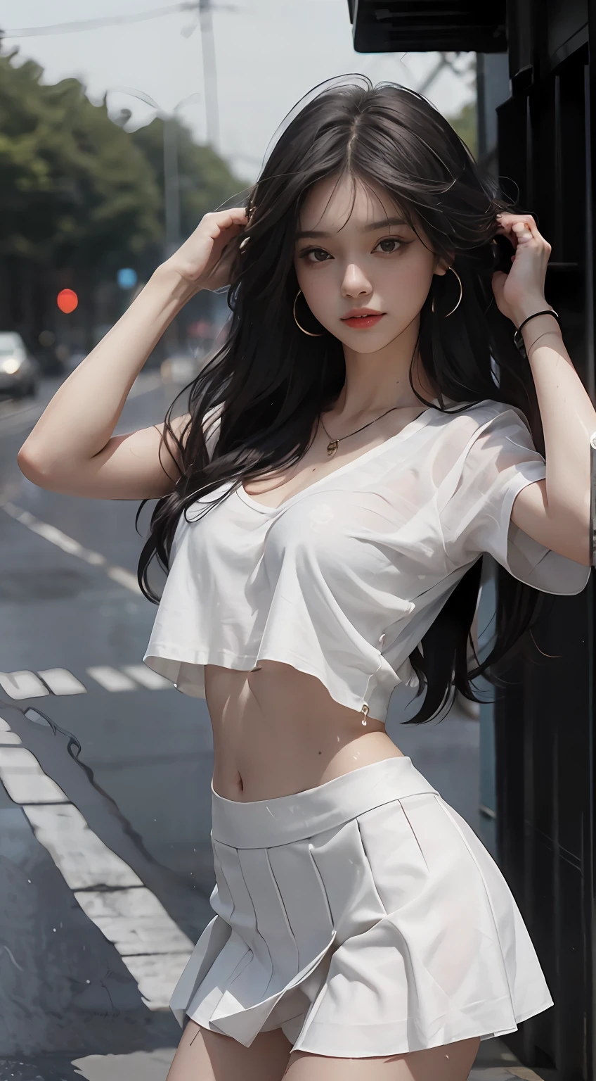 navel, Cleavage, (big chest: 1.2) features, There is water on the body, Clothes are soaked, ((super short white skirt, tight body, clearly public hair is large, clearly  )), white shirt, tight body, super thin shirt, (super short shirt, heavy rain), wet clothes, long hair, black hair, wavy hair, double eyelids, earings, no bra, no panties, no underwears, curve body, sexy body, perfect body, nice breats,