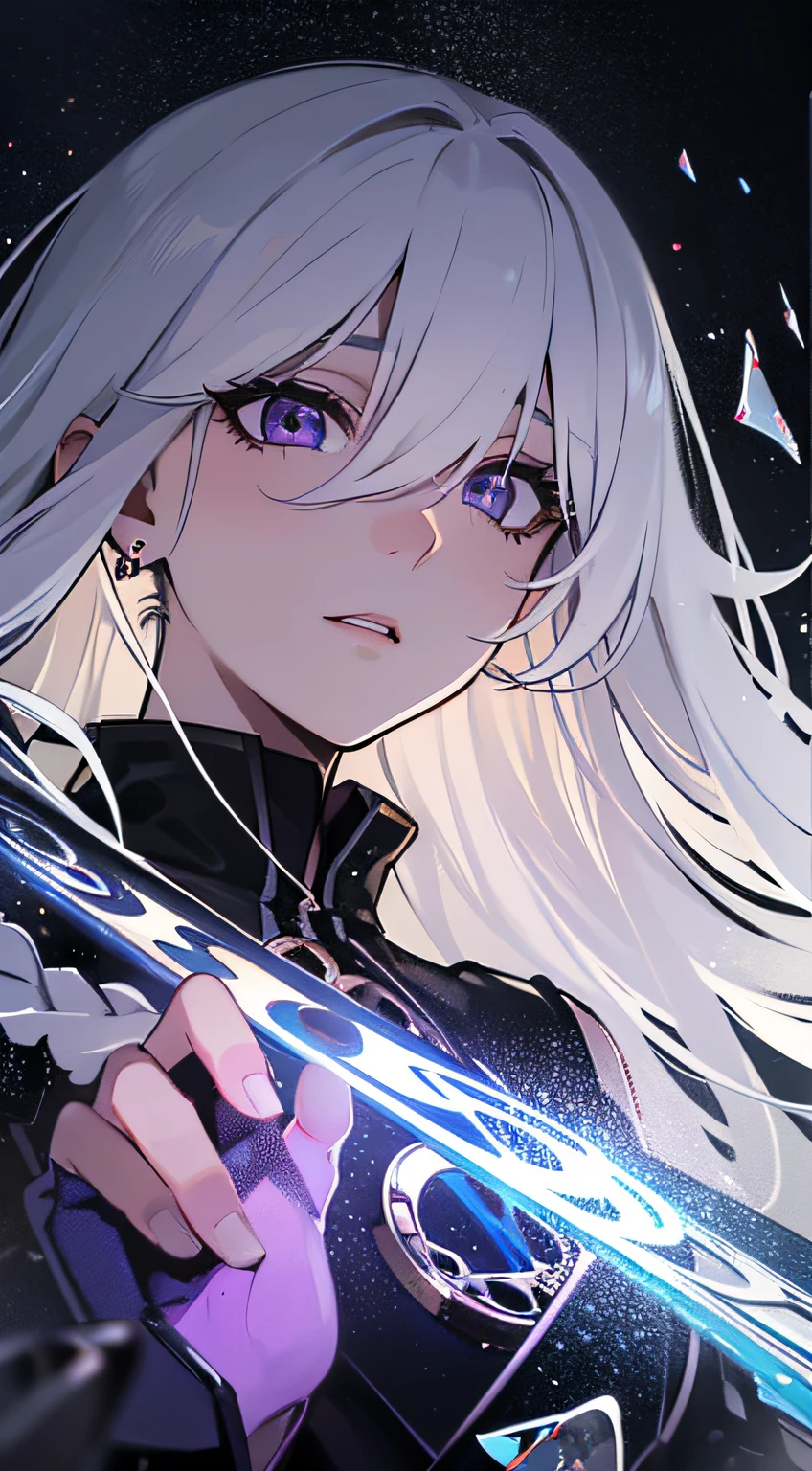 (masterpiece, best quality, ultra-detailed, best shadow), (detailed background,dark fantasy), (beautiful detailed face), high contrast, (best illumination, an extremely delicate and beautiful), ((cinematic light)), colorful, hyper detail, dramatic light, intricate details, (1girl, solo,white hair, sharp face,purple eyes, hair between eyes,dynamic angle), blood splatter, swirling black light around the character, depth of field,black light particles,(broken glass),magic circle,