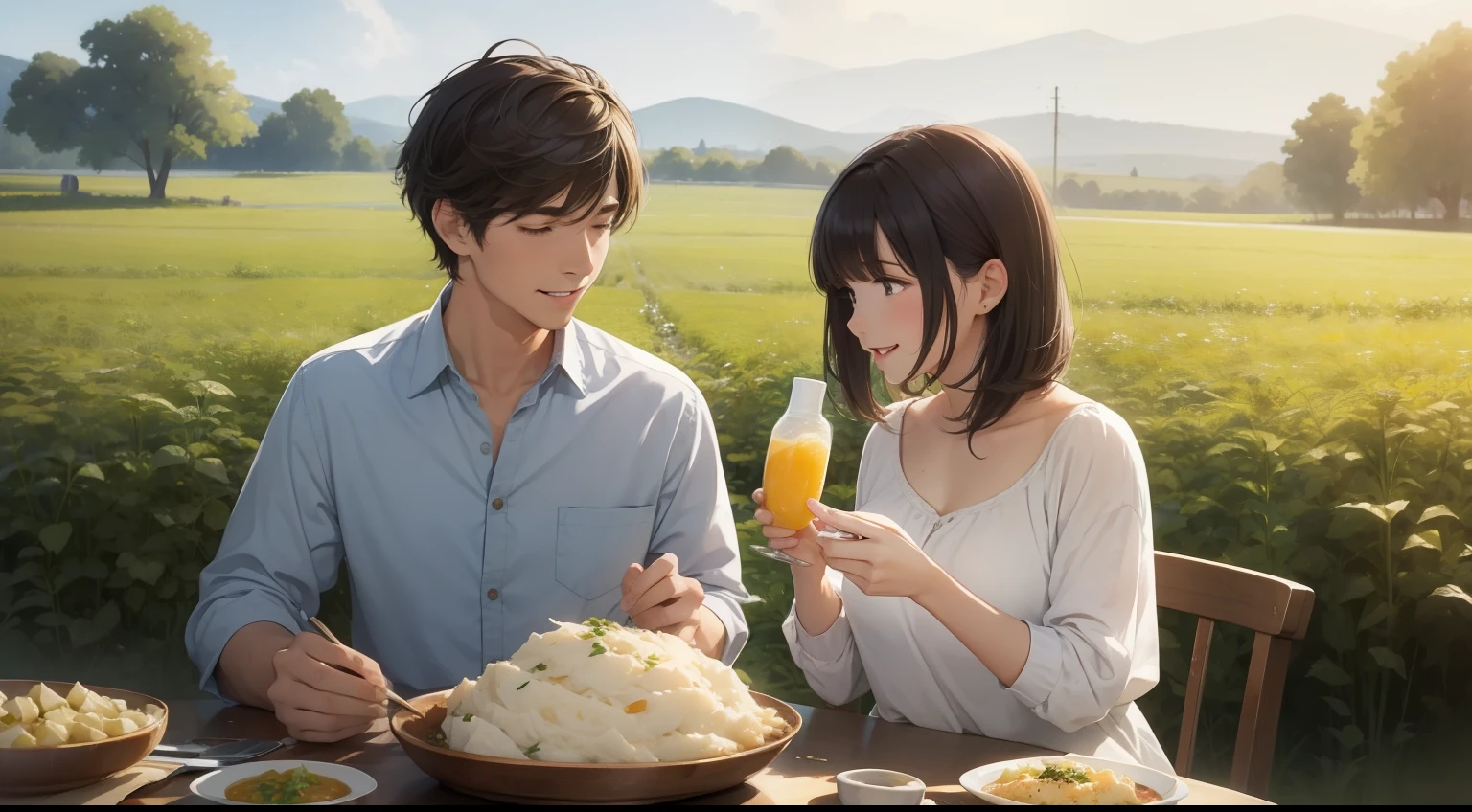 Man and woman happily eating mashed potatoes in potato field,Mashed Potato Party,Showa Sense,top-quality,watercolor paiting
