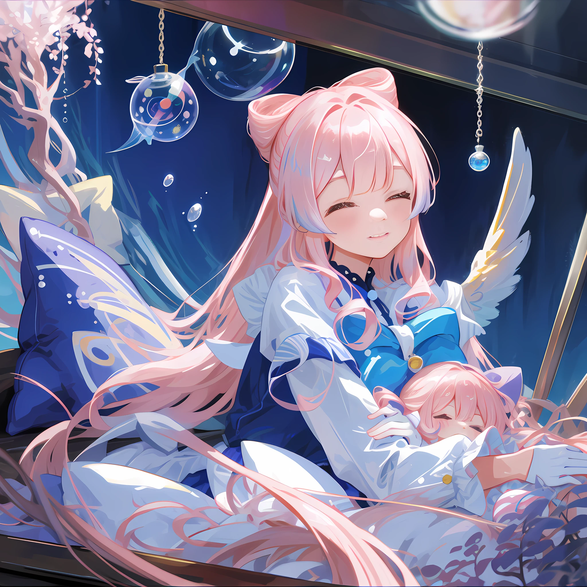 masterpiece,best quality,artbook,colorful,comic,strong rim light,one_girl, adorable girll,angel_face,bishoujo,lying,pillow_hug,lap pillow,half-closed eyes,light smile,long hair,pink hair, half white gloves,bowtie,underwater,fish,bubble,coral,notebook, reel \(riru\),