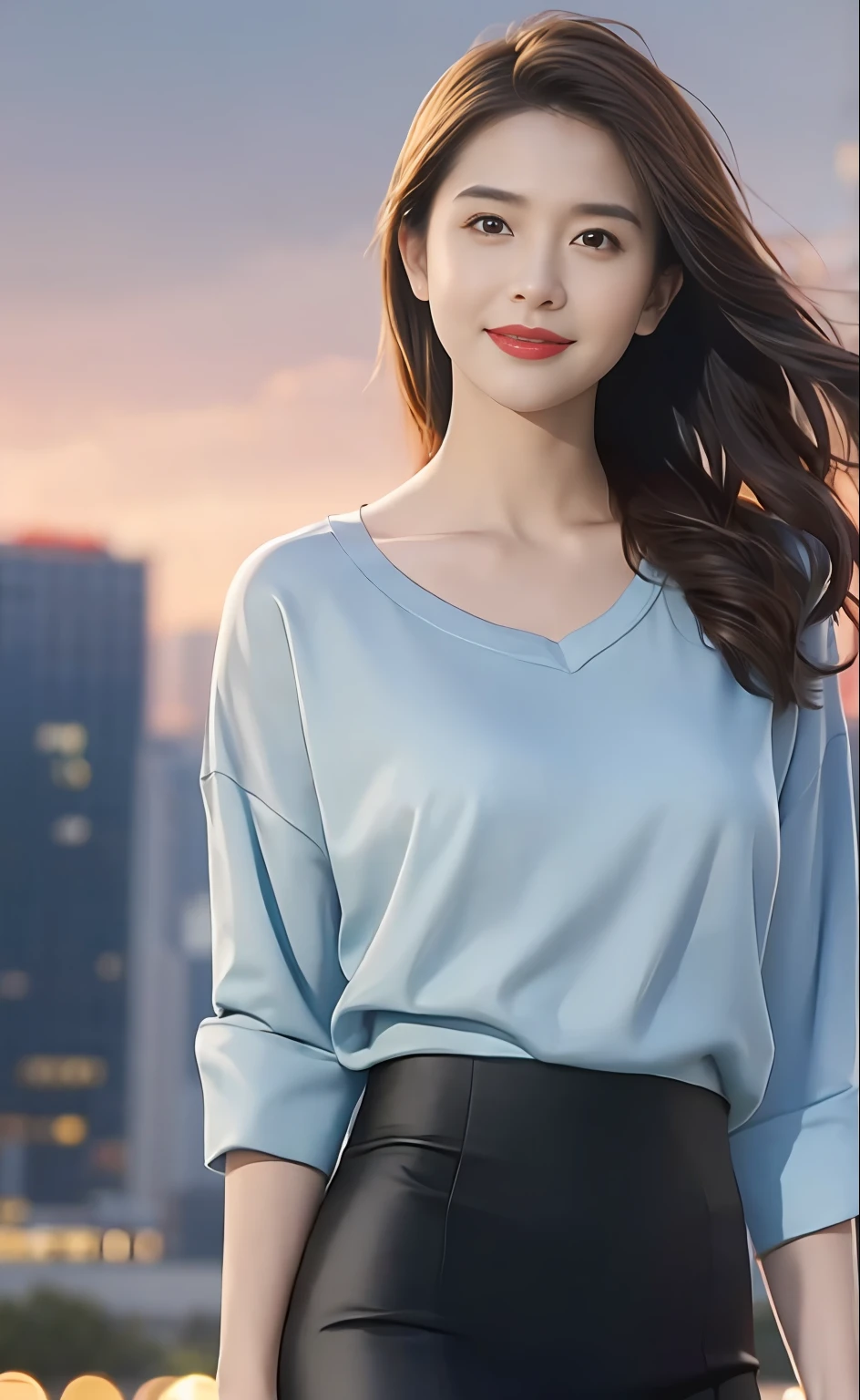 1girl, (looking at viewer),  (bokeh:1.1), closed mouth,light smile, realistic, meditation,starry sky,night, shirt,
pencil skirt, skyline,
best quality, (photorealistic:1.4), ultra highres, Chingmy YauV2