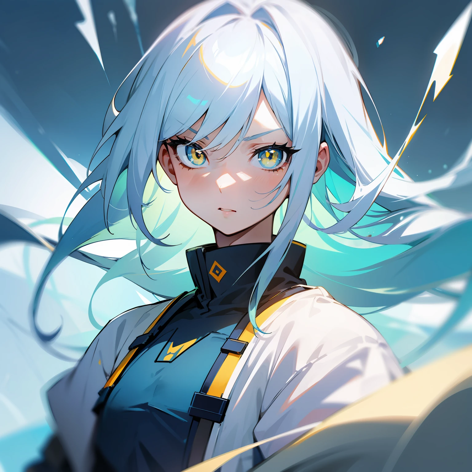 Yellow pupils white and blue hair girl upper body anime masterpiece superb high cold contempt