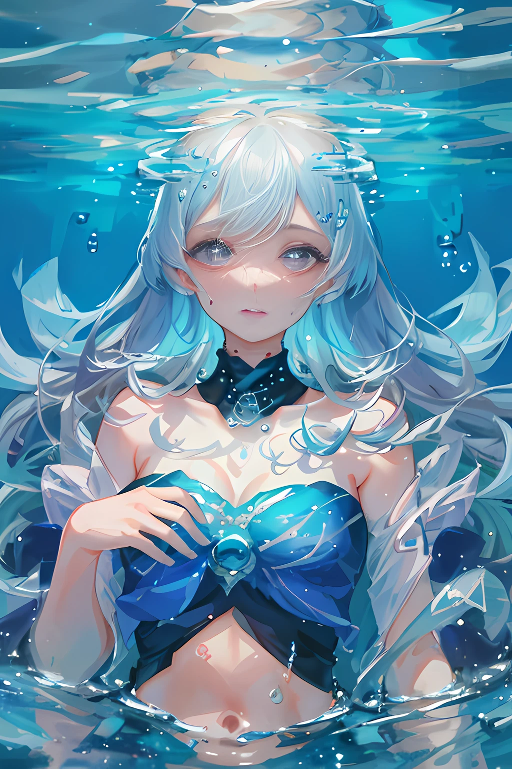 best quality, ultra detailed, beautiful detailed face, 1girl, solo, submerged water, partially submerged, bubbles, shiny skin, sweat, cloudy sky,