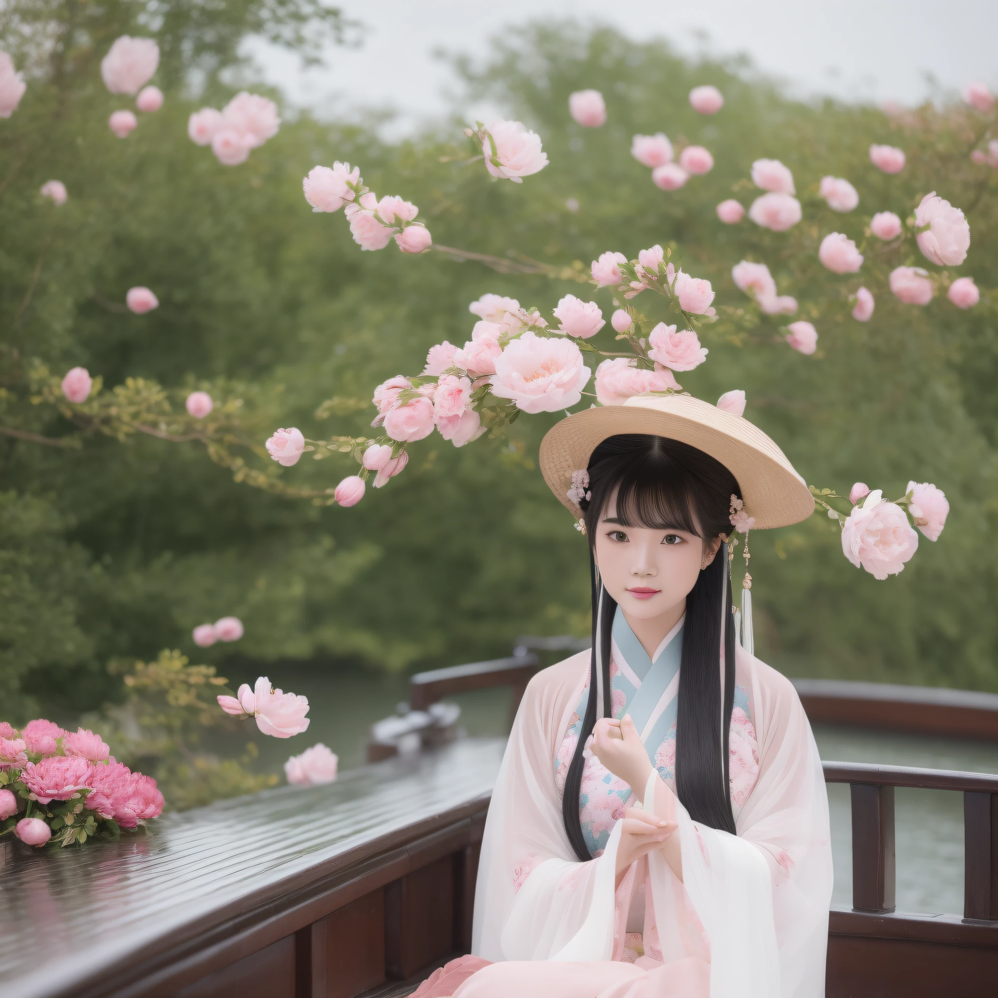 On a rainy day,The woman in Hanfu sits on the boat, Pick peony flowers with both hands