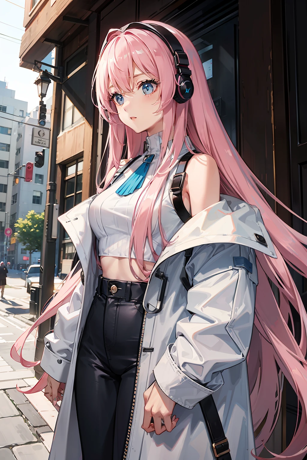 A long pink hair，Girl with black frame， White crop top，Blue coat that slips down to the shoulders Denim long coat that exposes shoulders Exposed shoulders White headphones Full chest