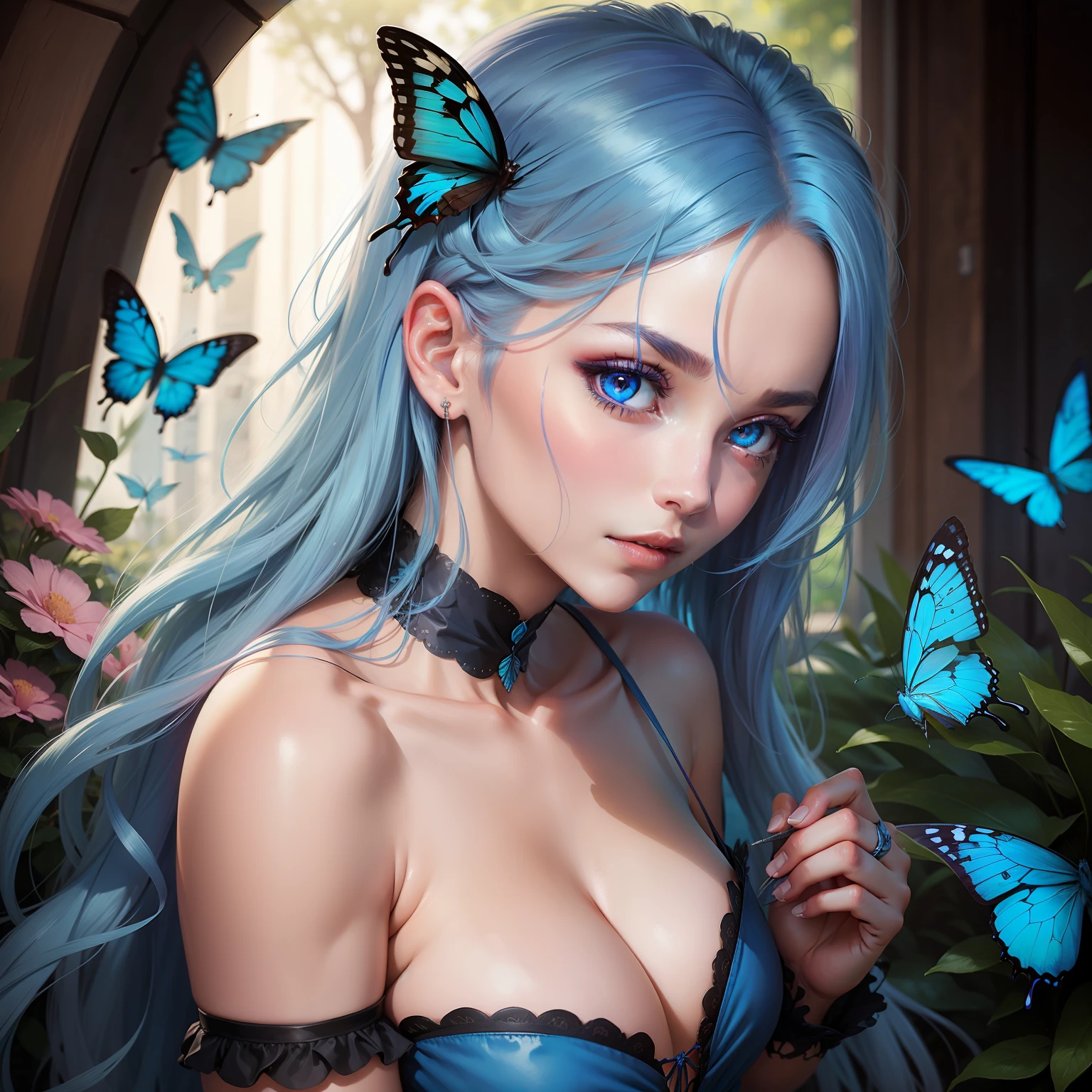 a women, blue butterfly, blue hair, pink eyes