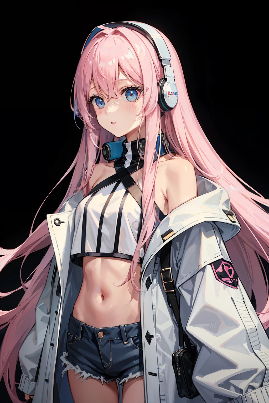 A long pink hair,Girl with black frame, White crop top,Blue coat that slips down to the shoulders Denim long coat that exposes shoulders Exposed shoulders White headphones Full chest