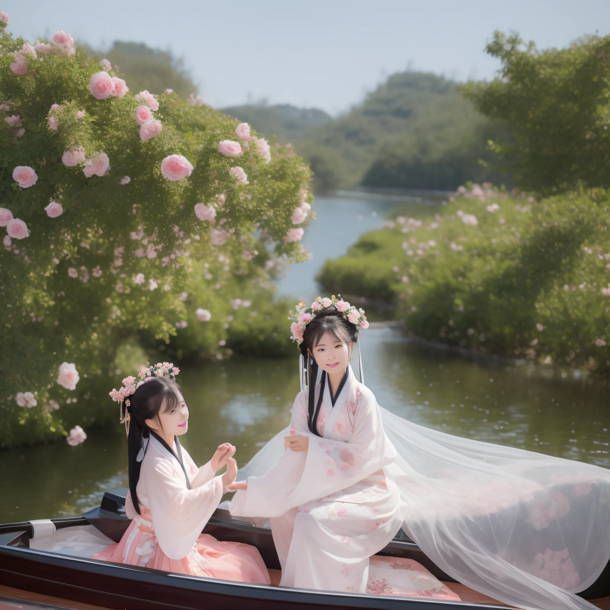 On a rainy day，The woman in Hanfu sits on the boat, Pick peony flowers with both hands