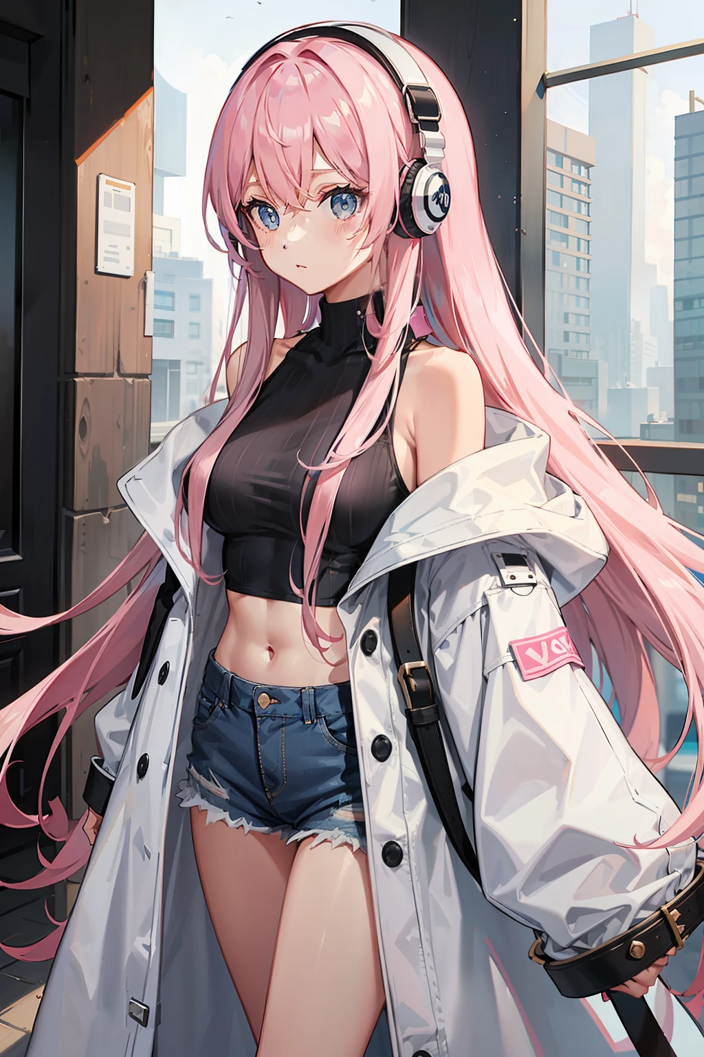 A long pink hair,Girl with black frame, White crop top,Blue coat that slips down to the shoulders Denim long coat that exposes shoulders Exposed shoulders White headphones Full chest