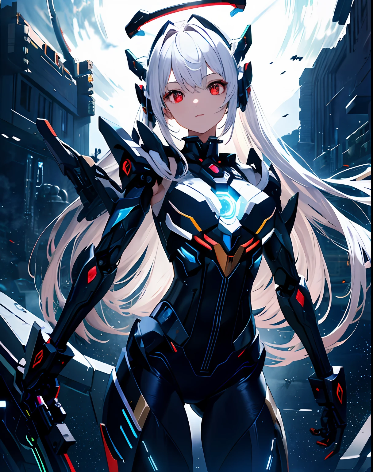 tmasterpiece,best qualtiy,ultra - detailed,very detailed illustration,The is very detailed,Complicated details,A high resolution,super complex detail,Very detailed 8k CG wallpaper,cowboy lens,Caustics,Reflectors,Ray traching,Demon Theme,Starcloud,darkness aura,cyber effect,(1girl:1.4),solo,alone,mecha musume,mechanical parts,robot joints,single mechanical arm,headgear,mechanical halo,star halo,electric mechanical bodysuit,mecha corset,kimono,full armor,very long hair,white hair , Hair between both eyes, Colorful hair, Colored inner hair, Red eyes, glowing light eyes, Eye trajectories, Random expressions, Random actions, Ancient Japanese architecture, ponds, starrysky, skylines,mechs,standing on your feet