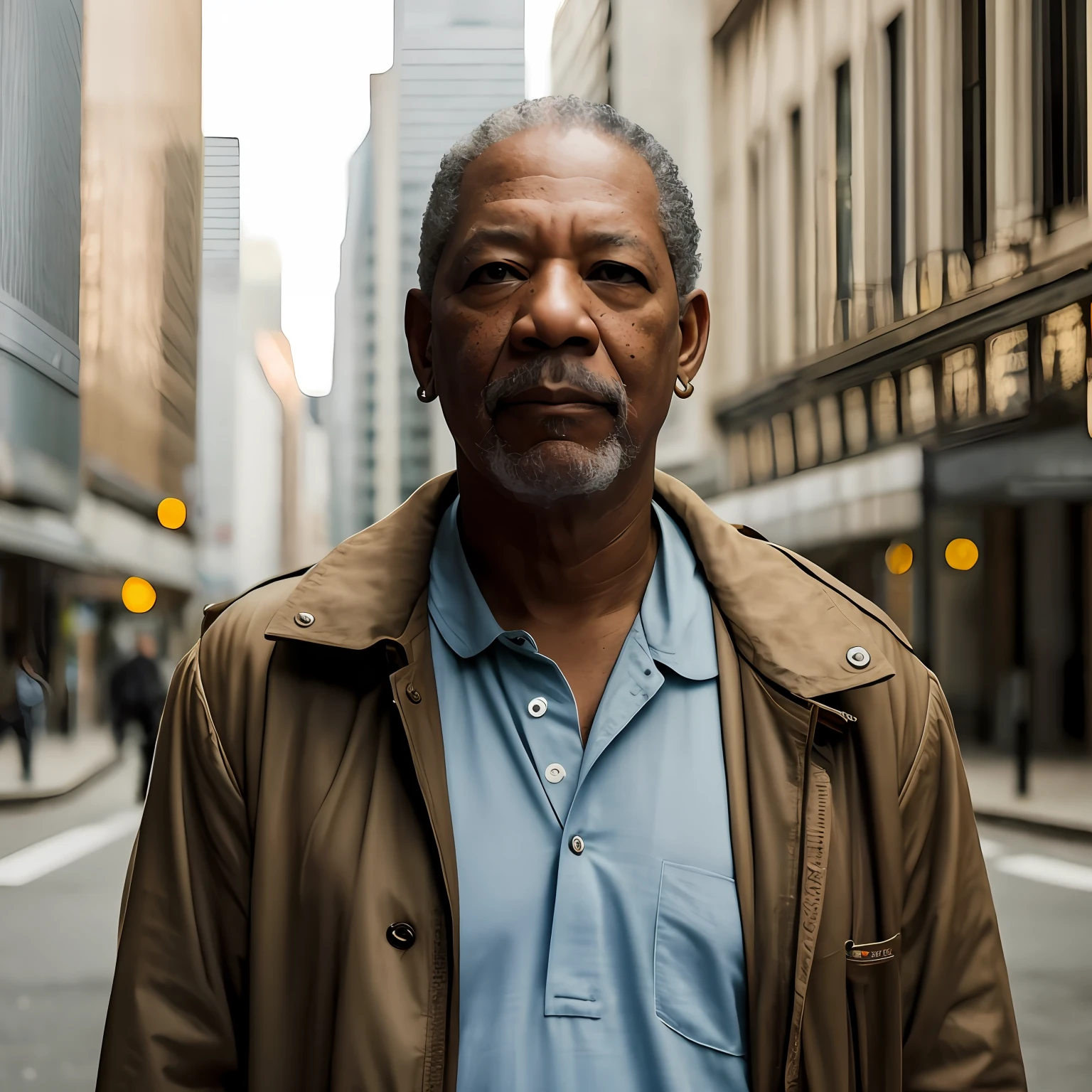 There is a man standing in the street in the city, standing in a city street, foto de um homem, homem andando pela cidade, foto do retrato de um homem velho, cinematic portrayal, Morgan Freeman como Gordon Freeman, Retrato tirado 8 K, foto de retrato detalhada, retrato de alta qualidade, Velho cyberpunk, cinematic headshot portrait, homem de meia-idade, Retrato de Morgan Freeman