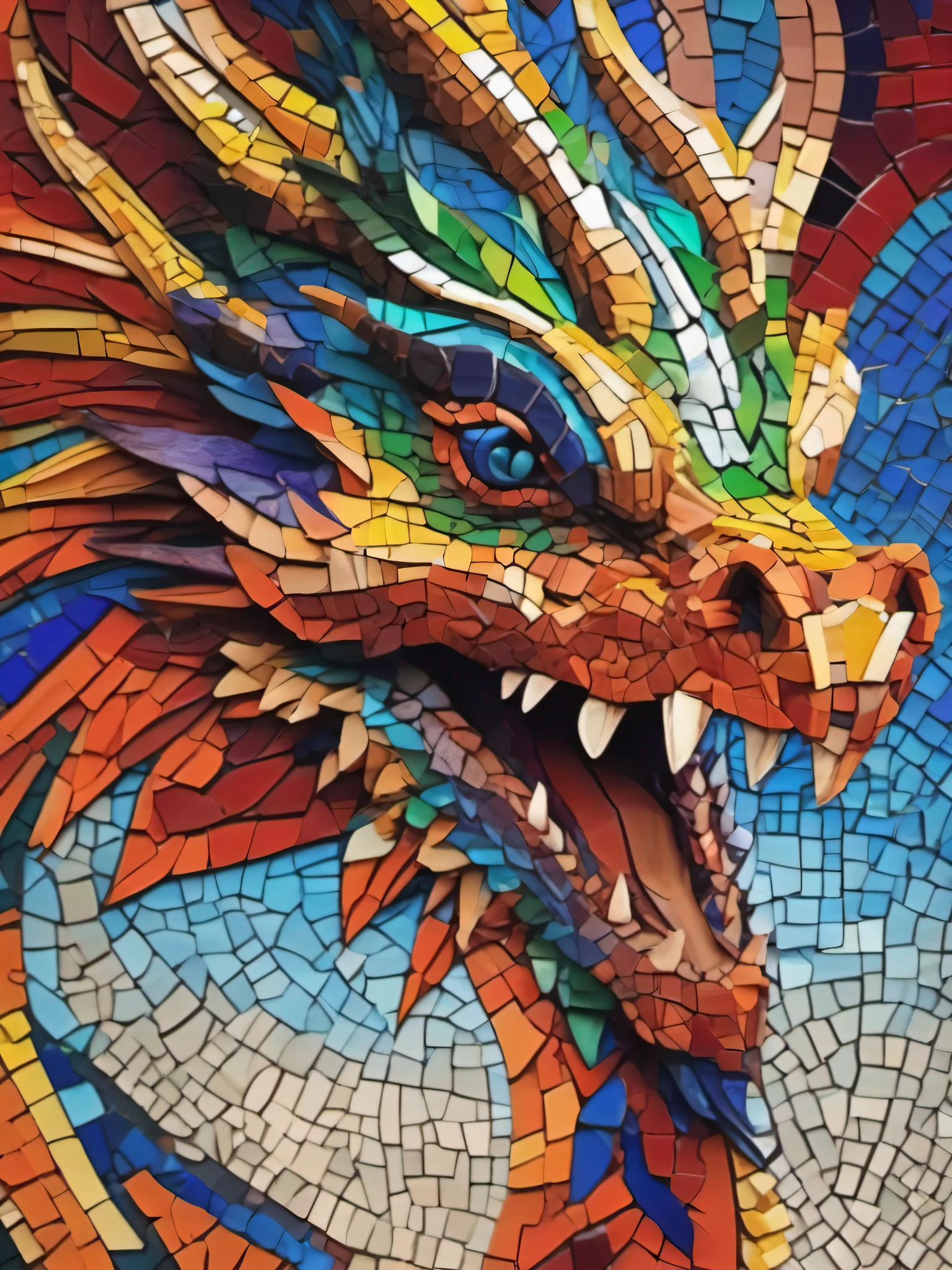 Mosaic art style dragon, vibrant colors, indoor environment, soft lighting, calm mood, close-up composition