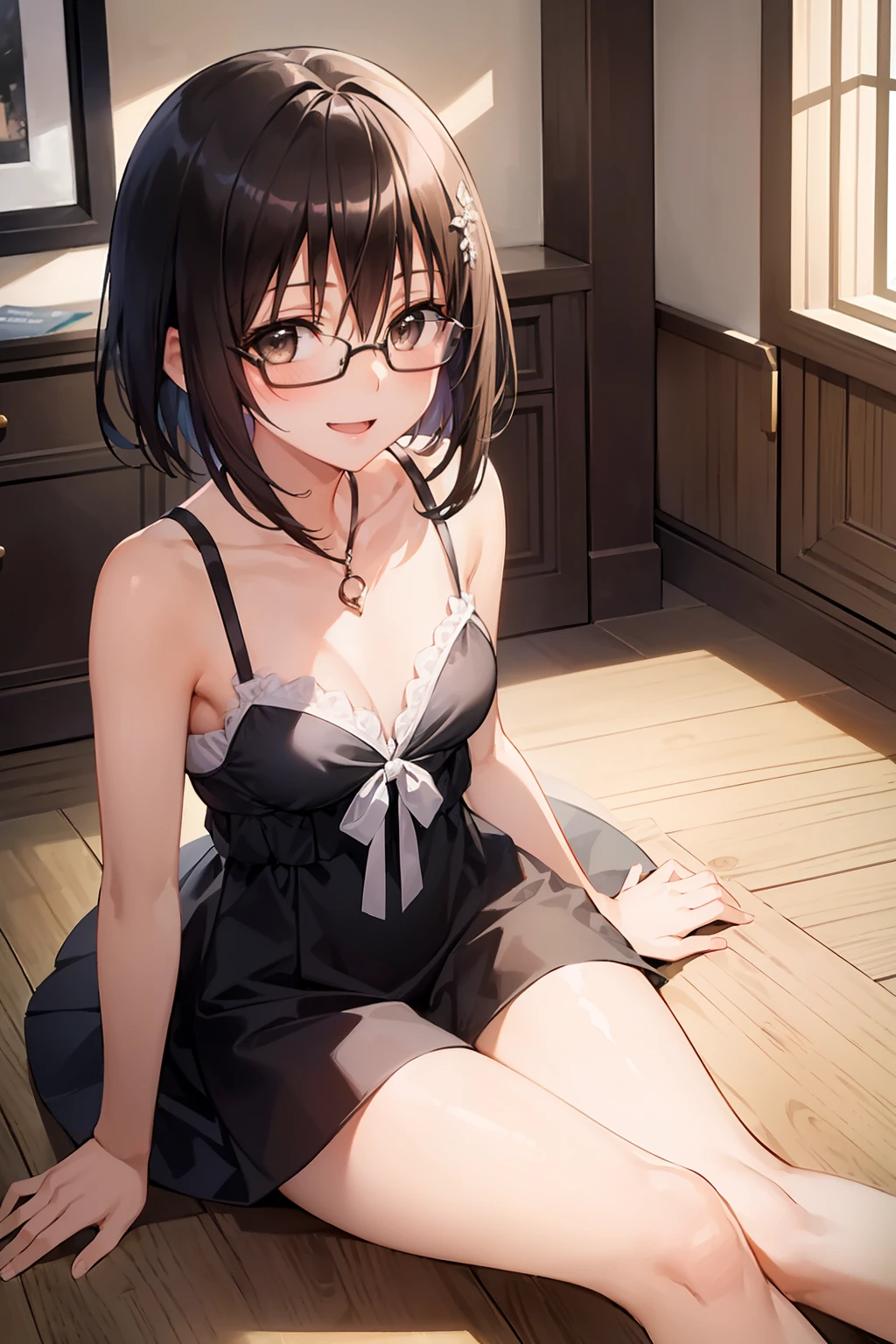 (girl with、Gamine、A dark-haired、short-hair、straight haired、hair adornments、Light brown eyes、A smile、wearing black glasses、small tits、cute  face)、​masterpiece、top-quality、gothic lorita