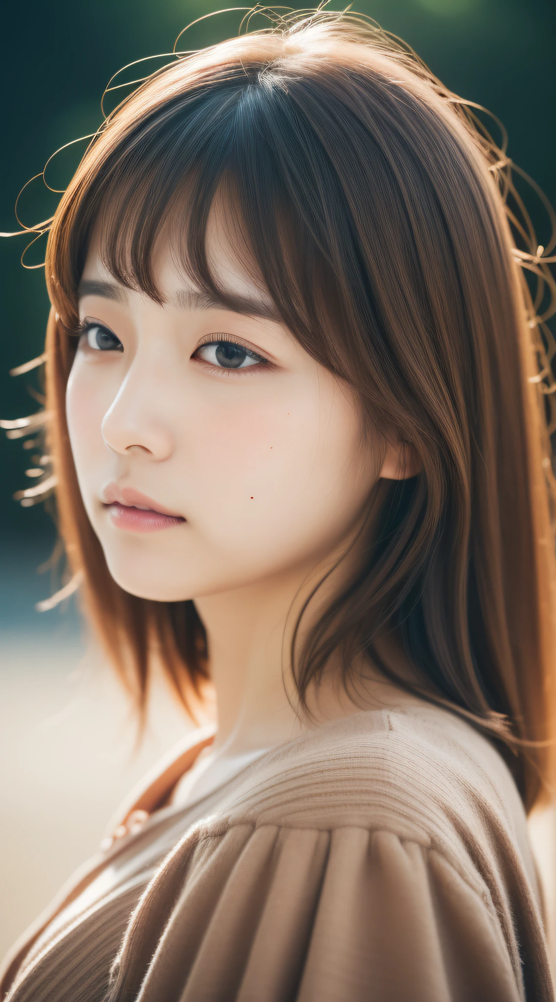 beautiful Japanese female, deep shadow, light brown hair, mole under eye, half-closed eyes, ear blush, torogao, heavy breathing, depth of field, cowboy shot, from behind, UHD, masterpiece, anatomically correct, textured skin, super detail, 16k