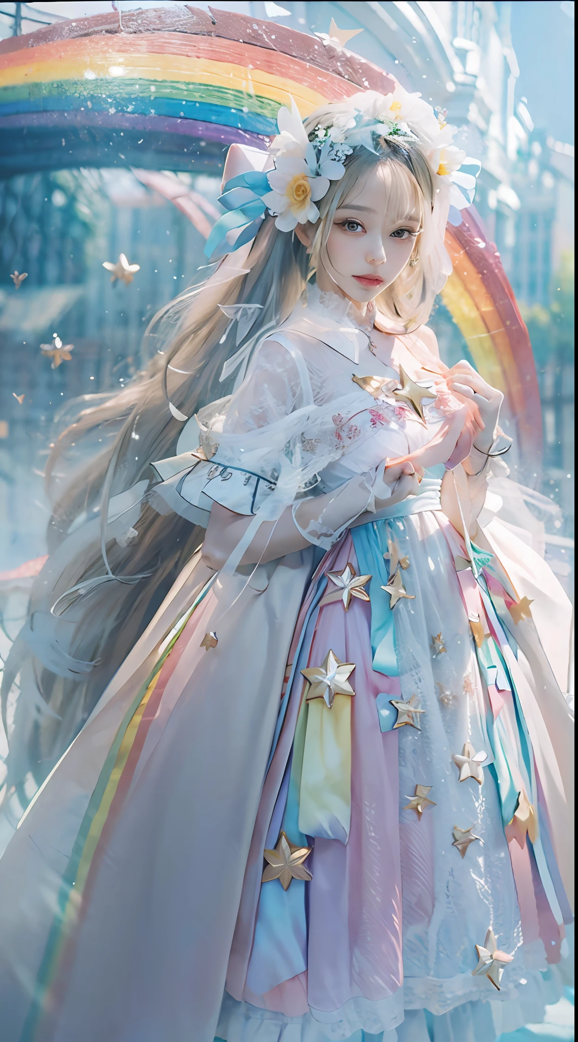 Rainbow Colors" theme,(1 girl,Representative star，Masterpiece Moon Angel), wedding invitation:1.2, a 3D render),(Best quality, Detailed details, Masterpiece, offcial art, movie light effect, 4K, Chiaroscuro