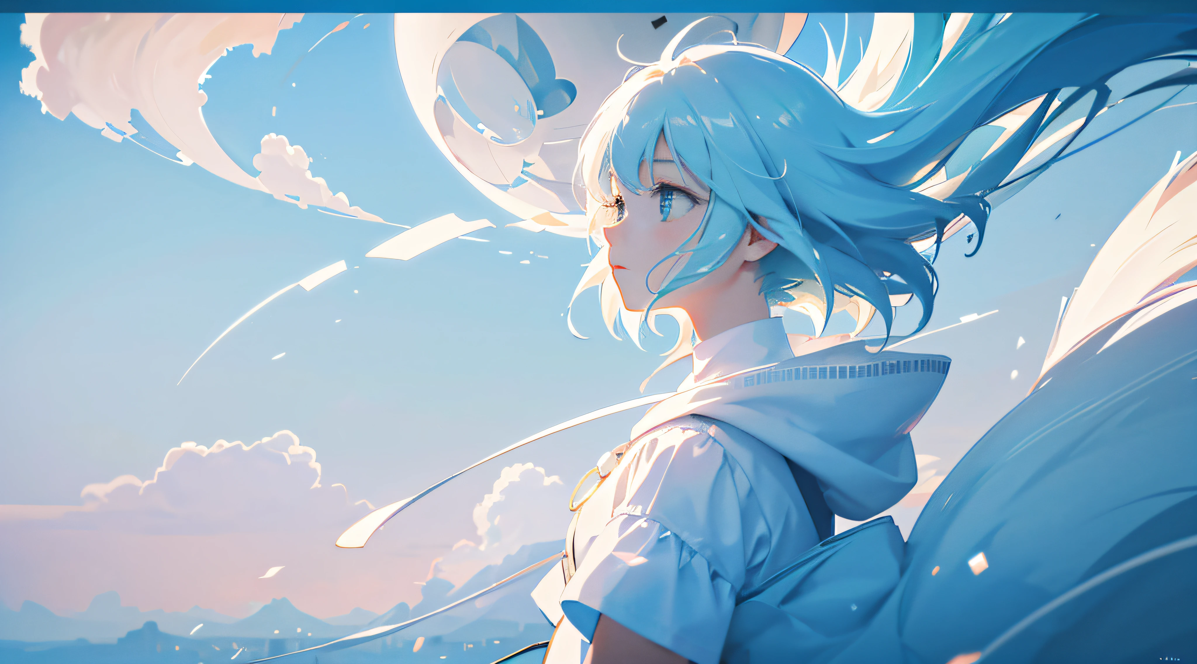 masterpiece, best quality, movie still, 1girl, floating in the sky, cloud girl, cloud, (close-up:1.1), bright, happy, fun, soft lighting, (Bauhaus, shapes, lines, abstract:1.1)