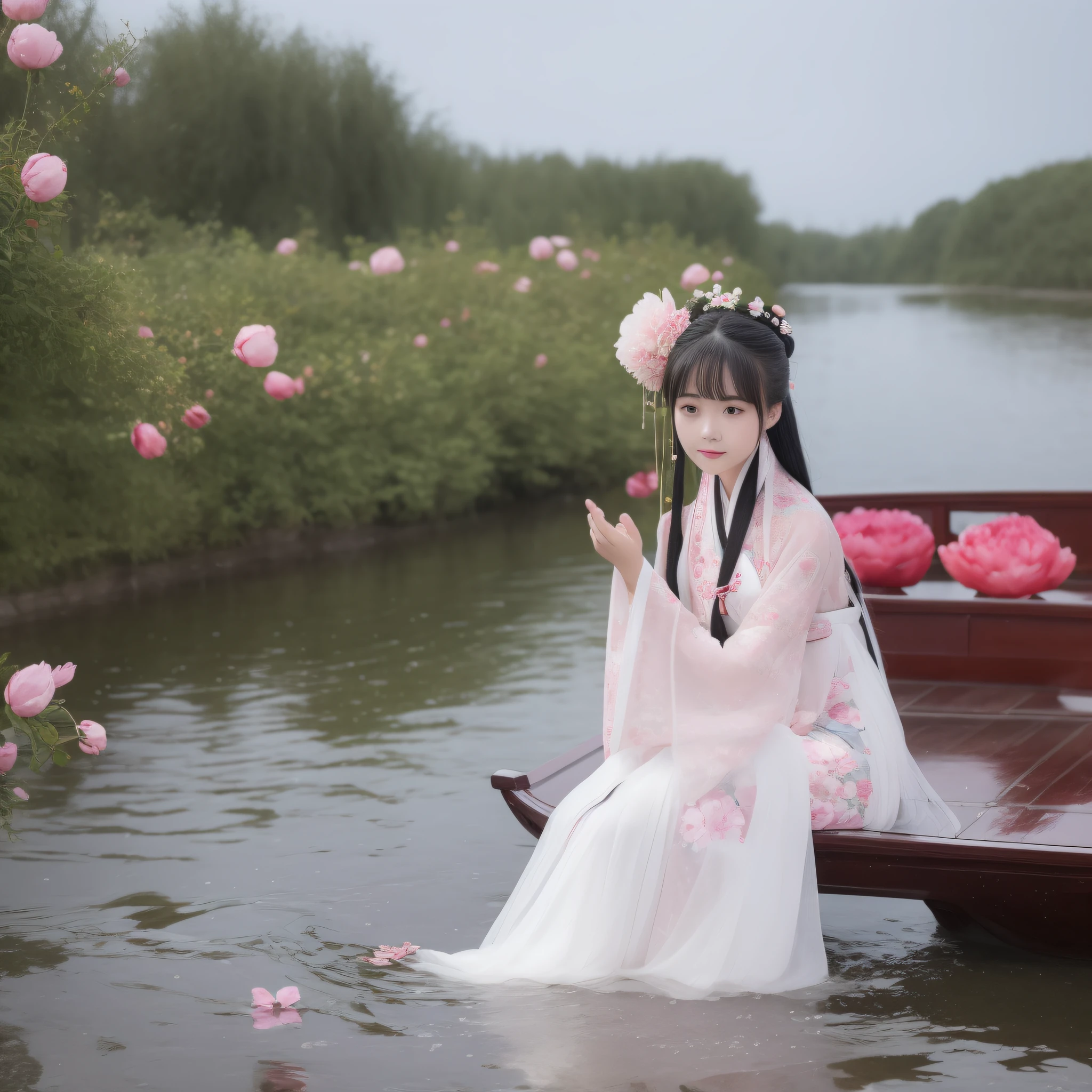 On a rainy day,The woman in Hanfu sits on the boat, Pick peony flowers with both hands