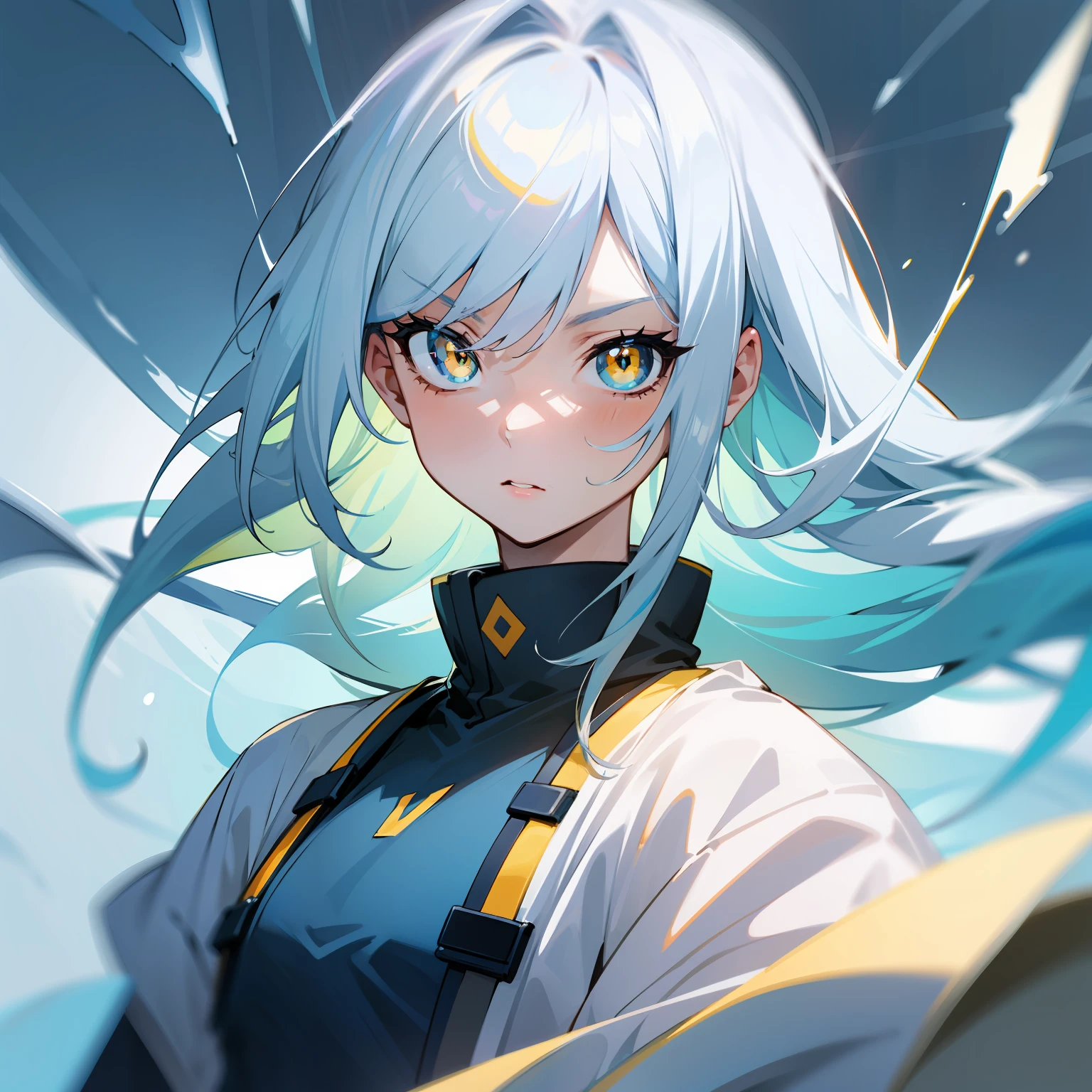Yellow pupils, white and blue hair, girl upper body, anime masterpiece, superb high coldness, contempt for holding a knife