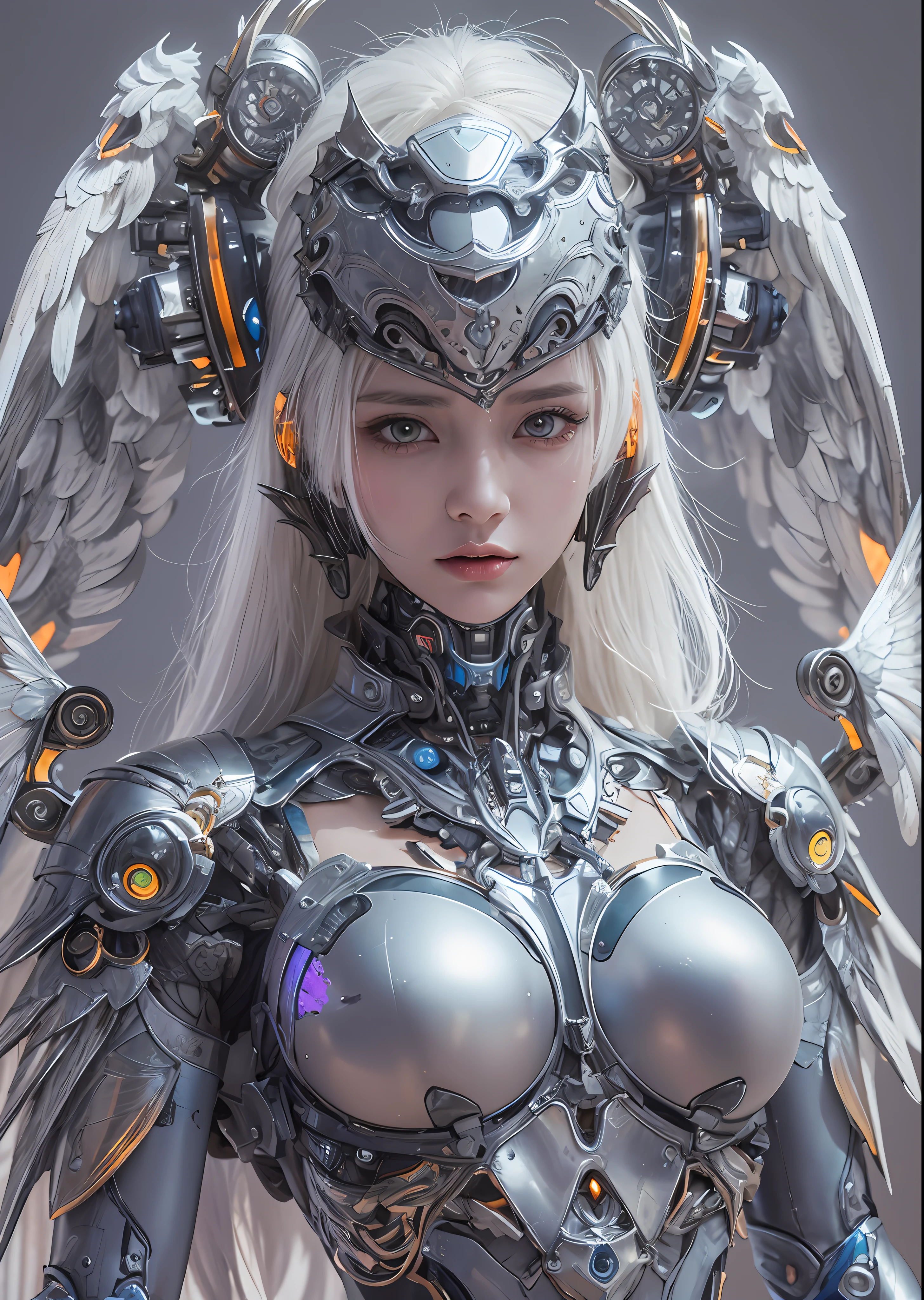 top-quality、​masterpiece、超A high resolution、(Photorealsitic:1.4)、Raw photo、Battle Cyborg Angel、large wings made of metal、White porcelain body、Acrylic Clear Cover、white  hair、glowy skin、1 Cyborg Girl、((super realistic details))、portlate、globalillumination、Shadow、octan render、8K、ultrasharp、character edge light,Colossal tits、Raw skin is exposed in cleavage、Details of complex ornaments、Aztec details、Hydraulic cylinder、Small LED lamp、highly intricate detail、Realistic light、a purple eye、radiant eyes、Facing the camera、neon details、cowboy  shot、Futuristic headgear、About Cyberpunk、、