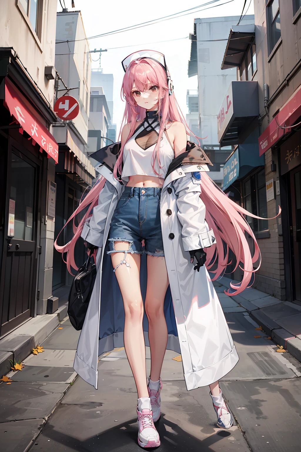 A long pink hair,Girl with black frame, White crop top,Blue coat that slips down to the shoulders Denim long coat that exposes shoulders Exposed shoulders White headphones Full chest