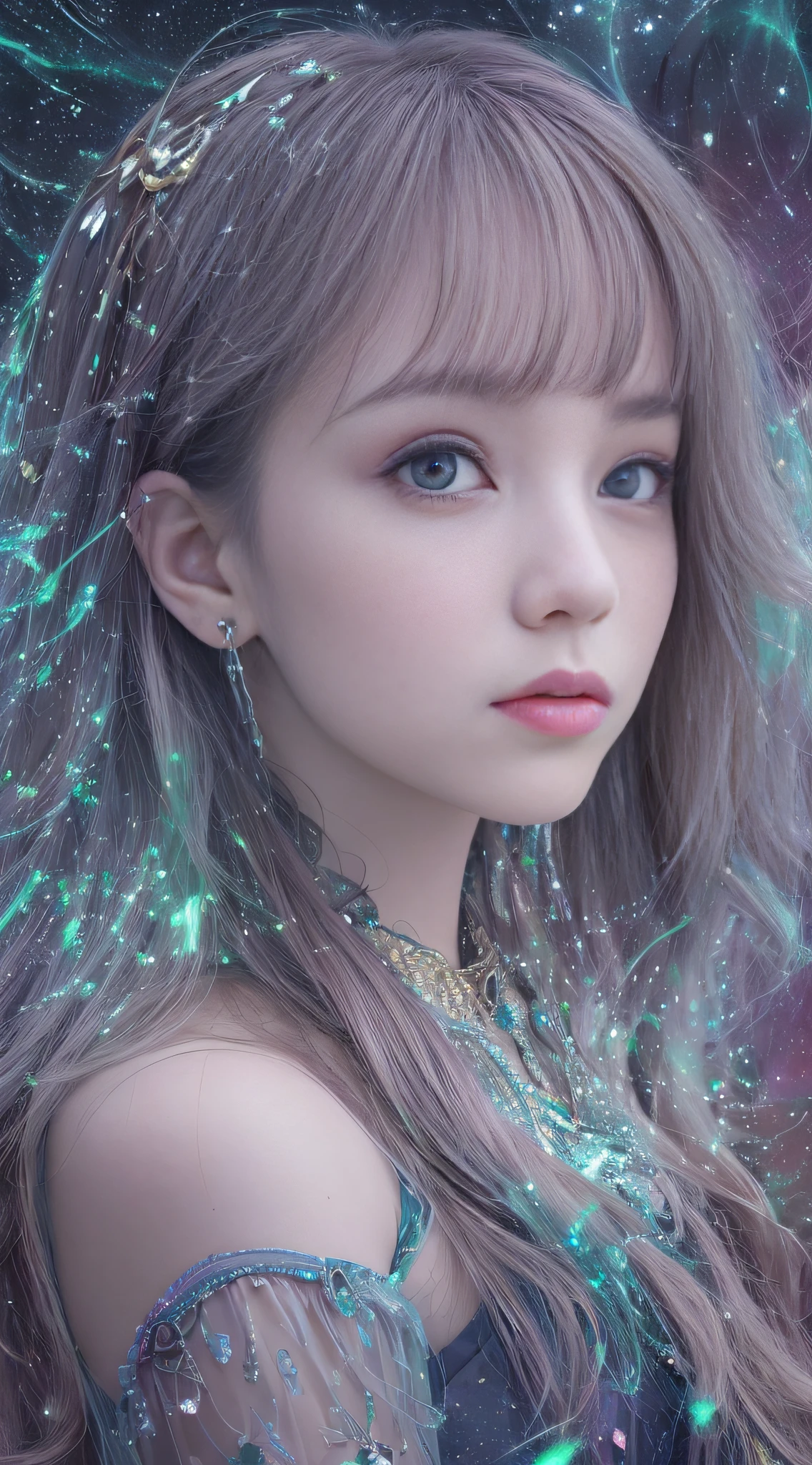 Background: Mysterious quantum environment, Cosmic elements and ethereal atmosphere，A mix of bright lights and colorful nebulae. Theme: A mysterious girl with a magical aura. She has long, Colorful wavy curls, The shiny hair stands out. His eyes are deep and expressive, Reflection Universe. She wore a flowing purple and white dress, With intricate details and mysterious textures. Color Palette: A combination of mysterious shades such as cosmic purple, Red, Soft pink and a touch of gold. Create contrasts, Increase depth, Dark color, Such as dark purple or night purple. Aesthetics: The aesthetic combines elements of Mistycore, Known for its mysterious and ethereal atmosphere, and crystal cores, With its crystal clarity and sparkling details. The girl exudes magical energy，Her presence hangs over her，mesmerising. Covered with: Keep subtle glowing effects and glitter overlays around the girl, Covered with: Add a soft glow effect around the girl and crystal, It seems to exude magic. Also, Add small details of flash，Enhance the ethereal atmosphere.