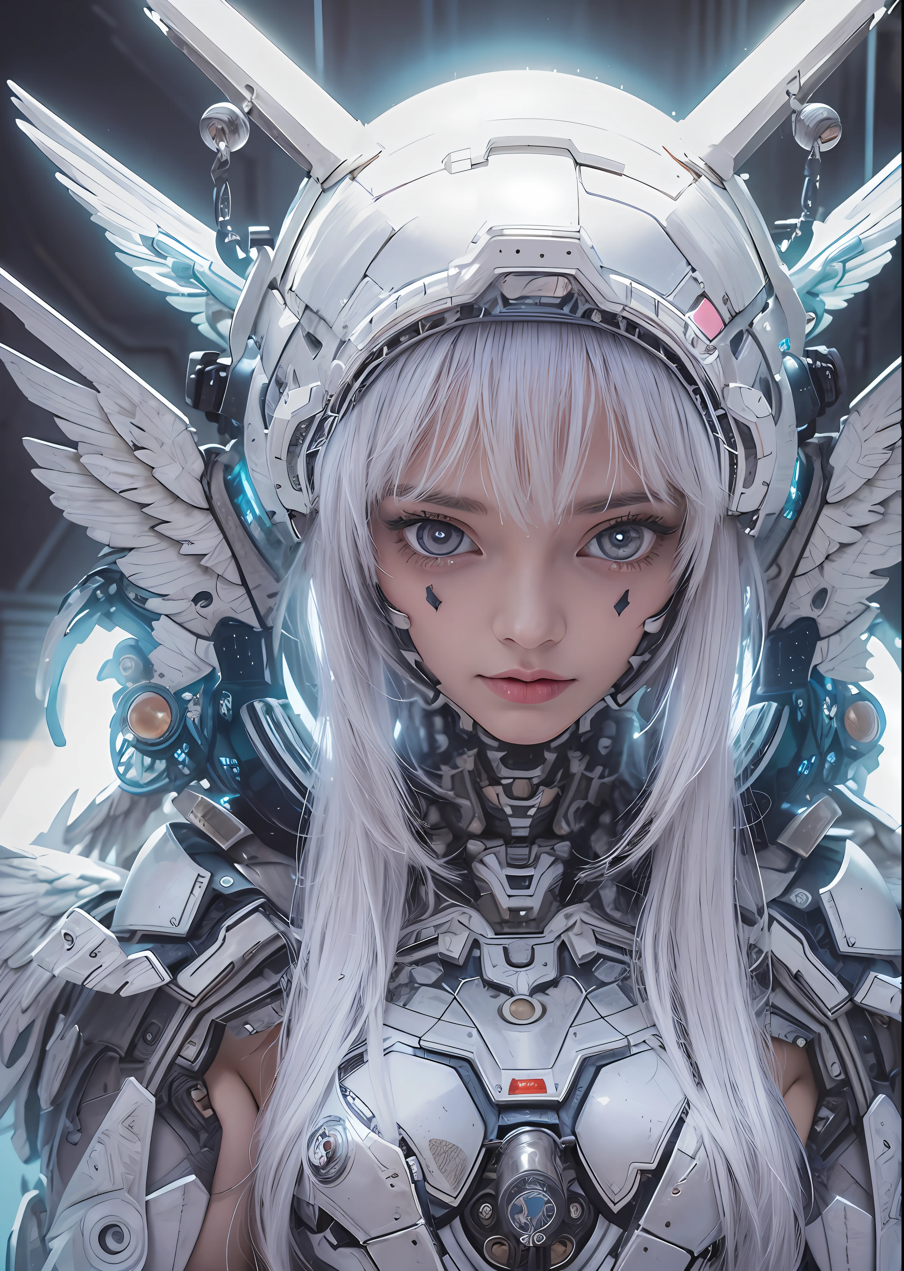 top-quality、​masterpiece、超A high resolution、(Photorealsitic:1.4)、Raw photo、Battle Cyborg Angel、large wings made of metal、White porcelain body、Acrylic Clear Cover、white  hair、glowy skin、1 Cyborg Girl、((super realistic details))、portlate、globalillumination、Shadow、octan render、8K、ultrasharp、character edge light,Colossal tits、Raw skin is exposed in cleavage、Details of complex ornaments、Aztec details、Hydraulic cylinder、Small LED lamp、highly intricate detail、Realistic light、a purple eye、radiant eyes、Facing the camera、neon details、cowboy  shot、Futuristic headgear、About Cyberpunk、、