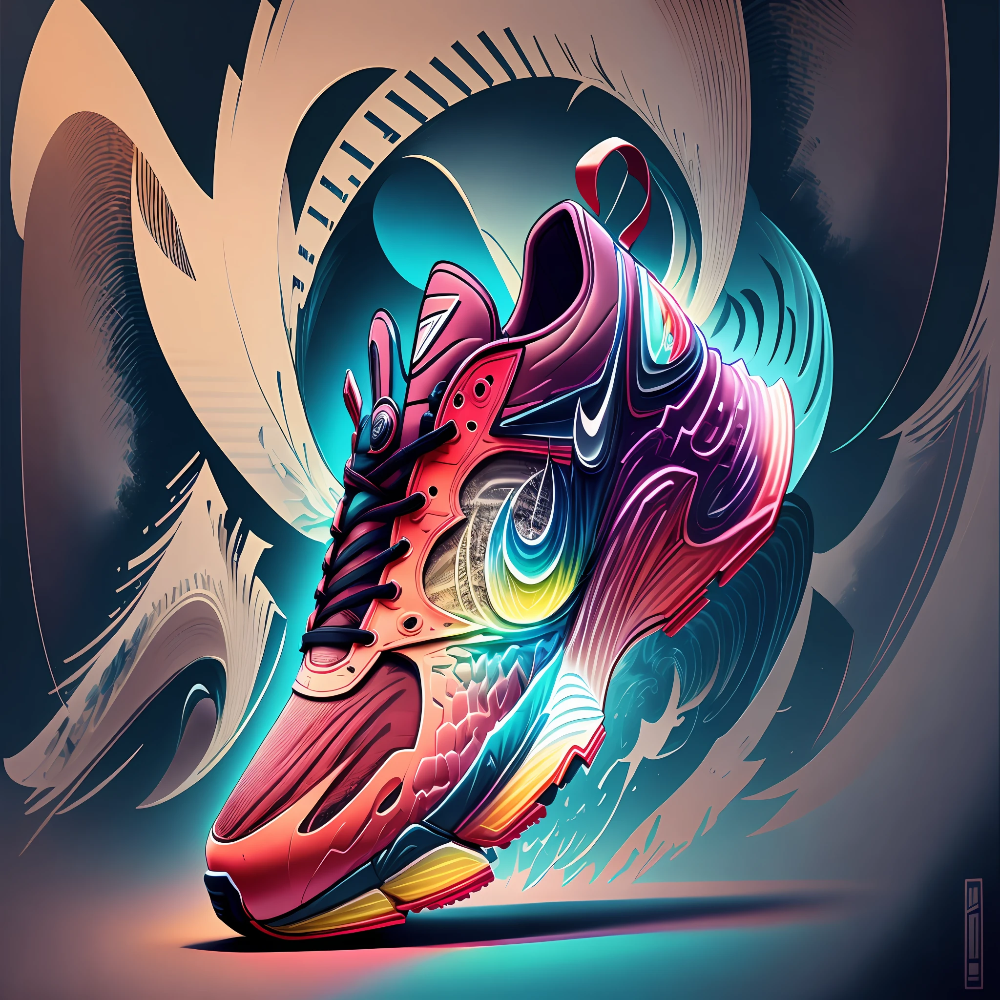 A sleek, modern sneaker, athlete can run very fast, speed of sound, rendered in vector art, with a vibrant color palette and intricate details, creating an eye-catching shape.