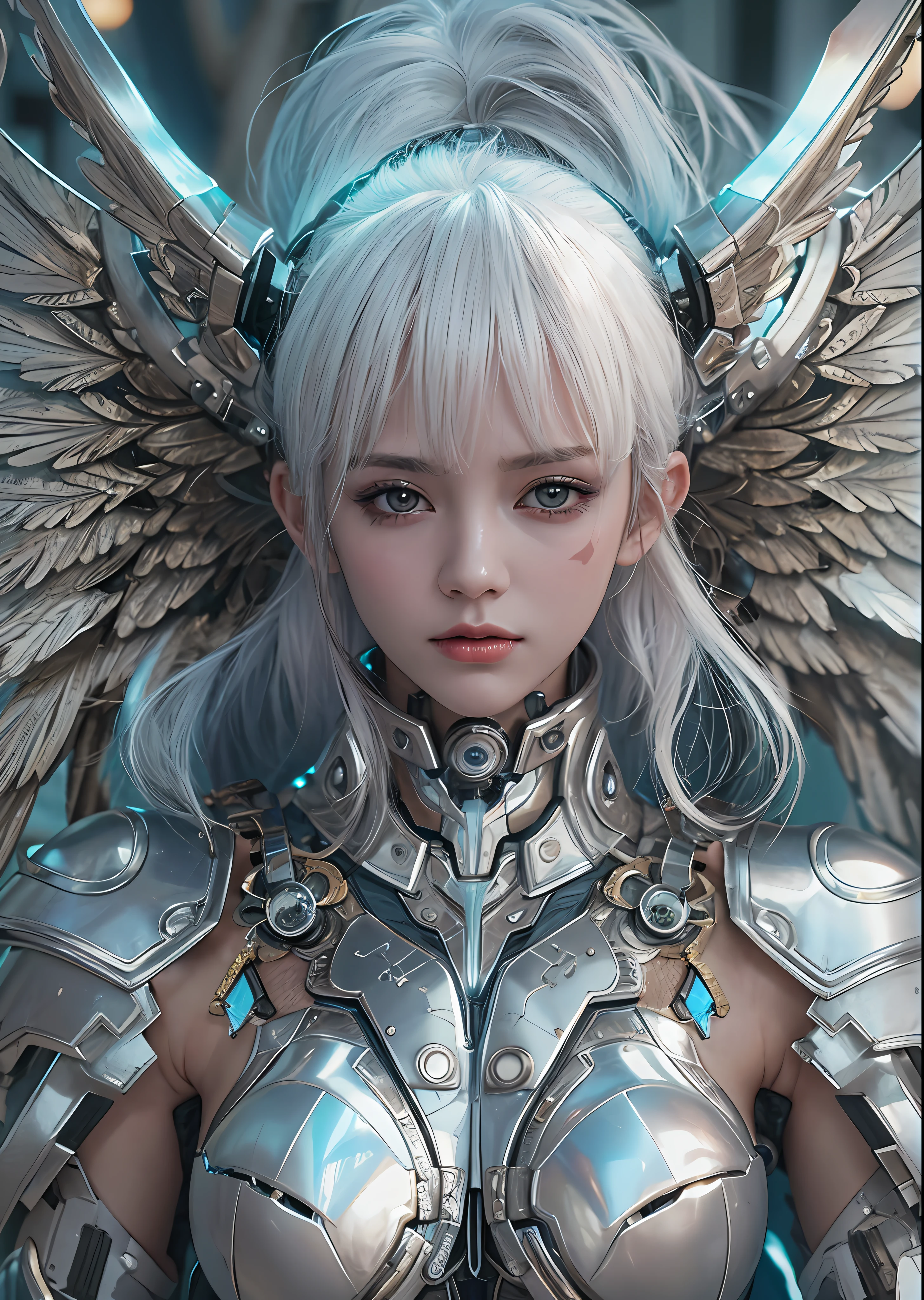 top-quality、​masterpiece、超A high resolution、(Photorealsitic:1.4)、Raw photo、Battle Cyborg Angel、large wings made of metal、White porcelain body、Acrylic Clear Cover、white  hair、glowy skin、1 Cyborg Girl、((super realistic details))、portlate、globalillumination、Shadow、octan render、8K、ultrasharp、character edge light,Colossal tits、Raw skin is exposed in cleavage、Details of complex ornaments、Aztec details、Hydraulic cylinder、Small LED lamp、highly intricate detail、Realistic light、a purple eye、radiant eyes、Facing the camera、neon details、cowboy  shot、Futuristic headgear、About Cyberpunk、、