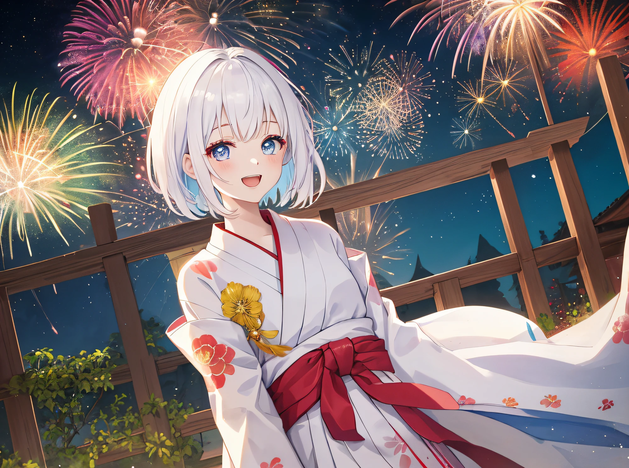 hyper detailed illustration ,superfine illustration, ((((masterpiece)))), High quality, very_high_resolution, Large_filesize, fulcolor ,Very cute and beautiful girl,Very cute and beautiful anime face and eyes, Very delicate eyes,eye shadow,Female, 年轻,20 years old, Short hair, Solo, 1 girl, pale skin , Waist to head, multicolored hair(white colors red)、Angle from above、Cute yukata、Opens mouth and laughs、 small tits, arms behind back, watercolor paiting、Beautiful background、Fantastic background、((Fireworks in the night sky))