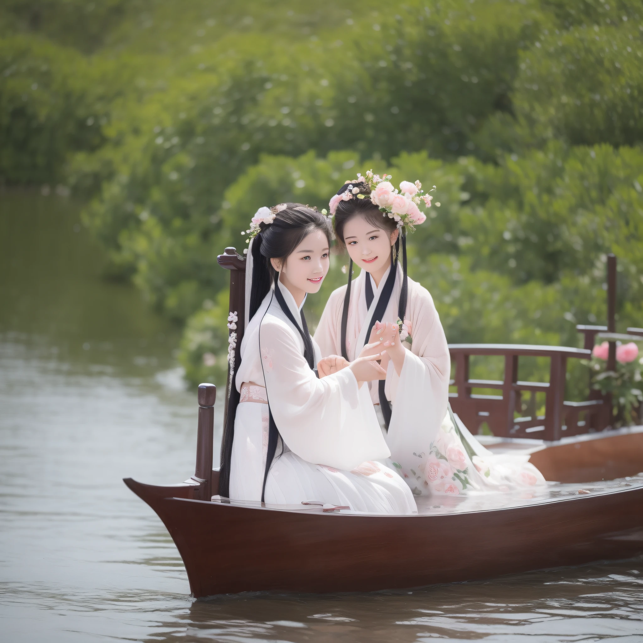 On a rainy day,The woman in Hanfu sits on the boat, Pick peony flowers with both hands