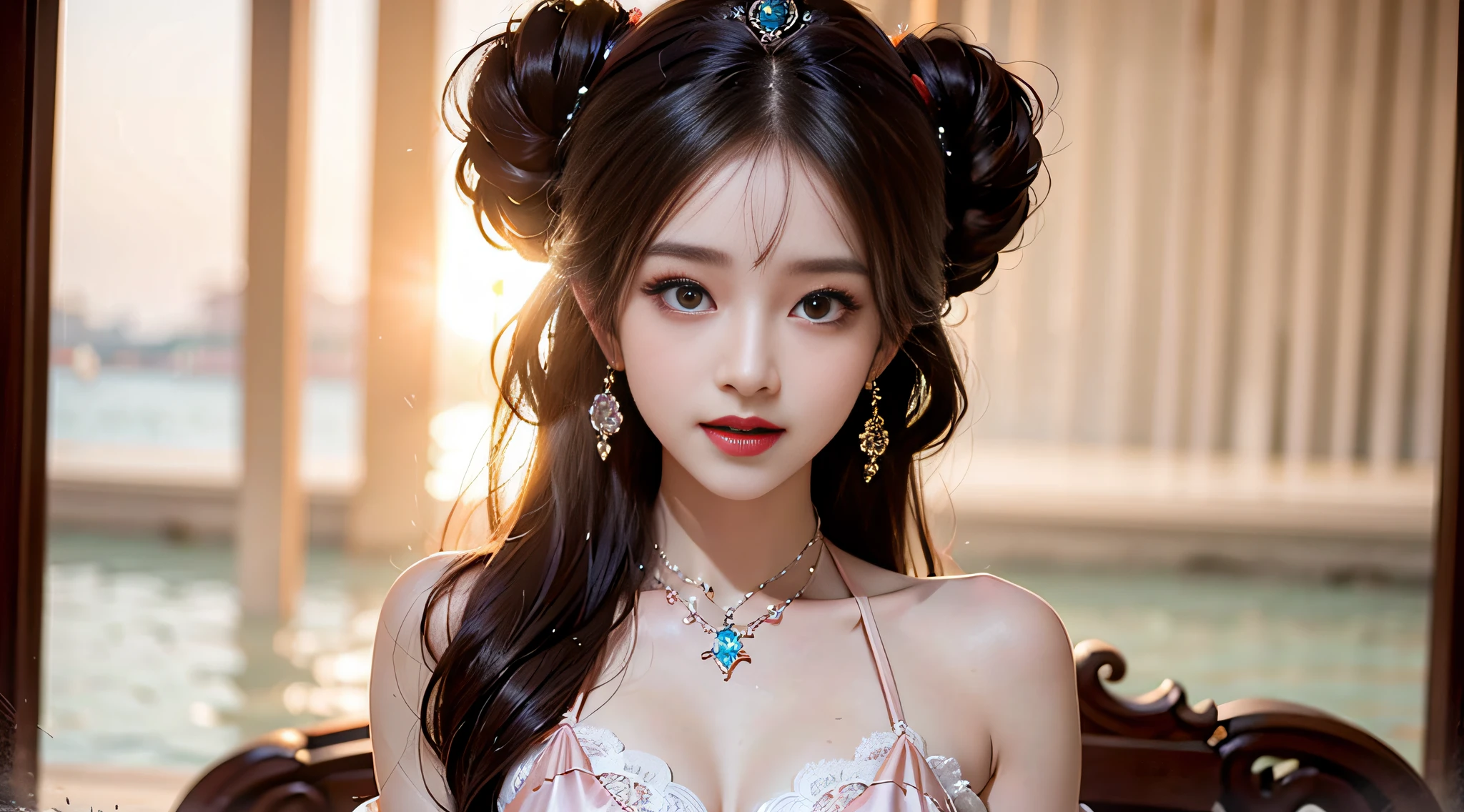 1 young empress wearing a red lace top, a deep-breasted nightgown, a Chinese-style dress, an ancient costume with many phoenix patterns, a spotless pinkish-white face, a crown on her head, and hip-length black hair , very beautiful and sharp brown eyes, small red lips, painted lips, charming smile, jewelry worn around the neck, earrings, white and even teeth, high nose, big round breasts, the girl's body is covered with water on chest, slim legs, thin mesh black socks, portrait, most realistic, highest quality, best pixels, 8k ultra ,